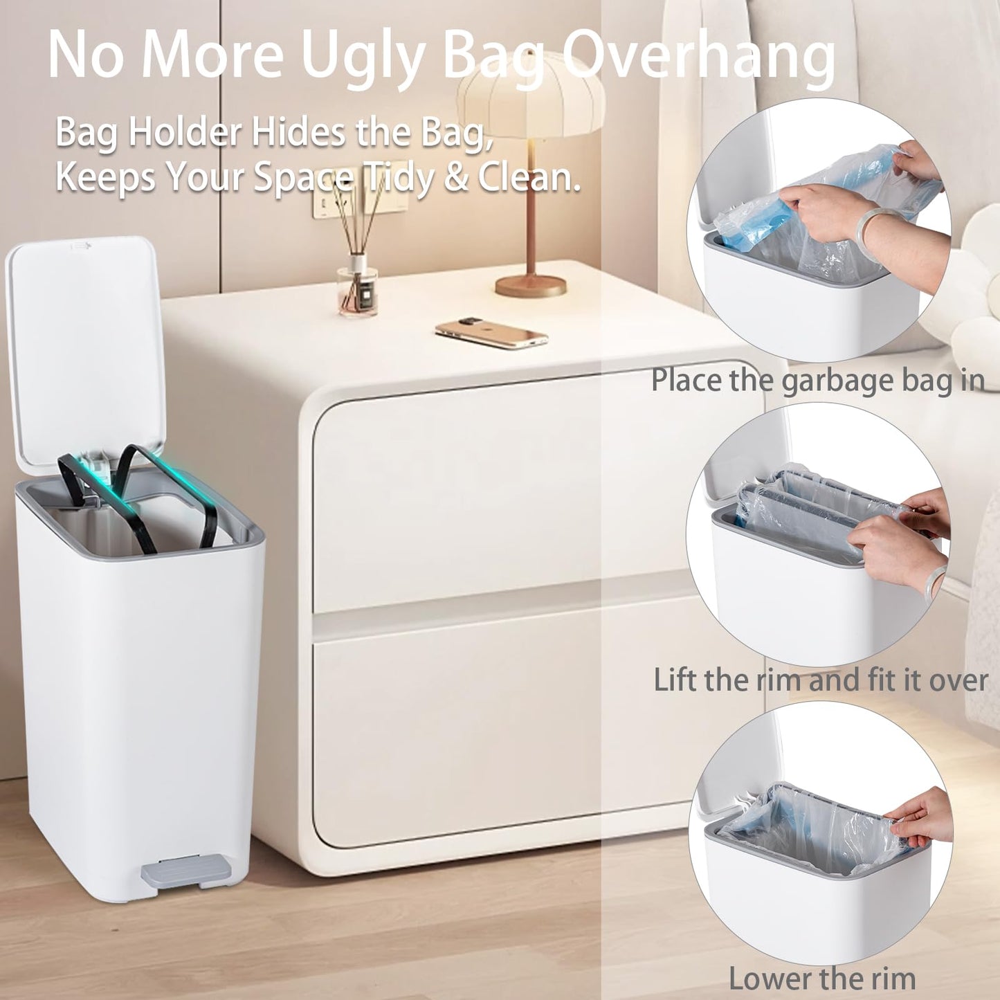 rejomiik Small Bathroom Trash Can with Lid, 3.2 Gallon Step Garbage Can with Handle, Slim Mini Wastebasket Bin for Bedroom, Office, Dorm, White