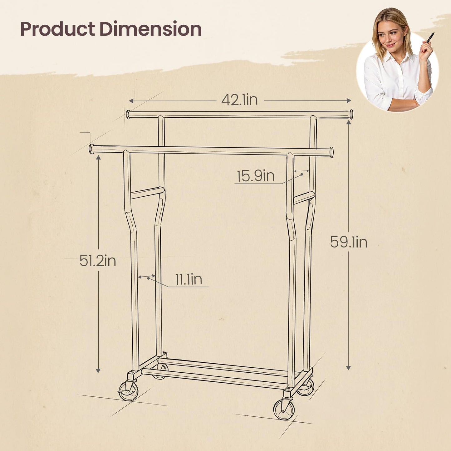 WATIOWL Clothes Rack, Double Rods Rolling Clothing Rack for Hanging Clothes Load 260 LBS Closet Rack with Wheels, Metal Portable Garment Rack for Bedroom Laundry Living Room, Black