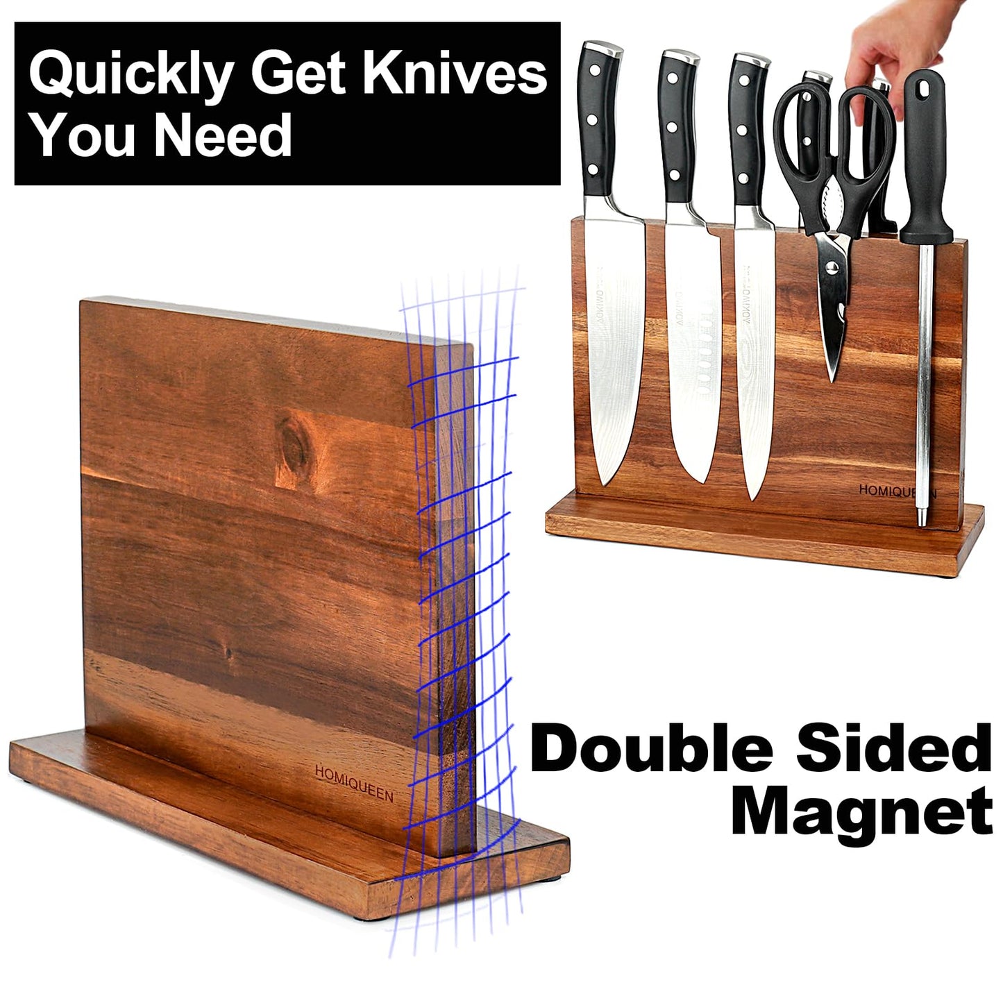 Magnetic Knife Block Double Sided Magnetic Knife Holder Rack with Strong Enhanced Magnets Acacia Wood Magnetic Knife Storage Stand