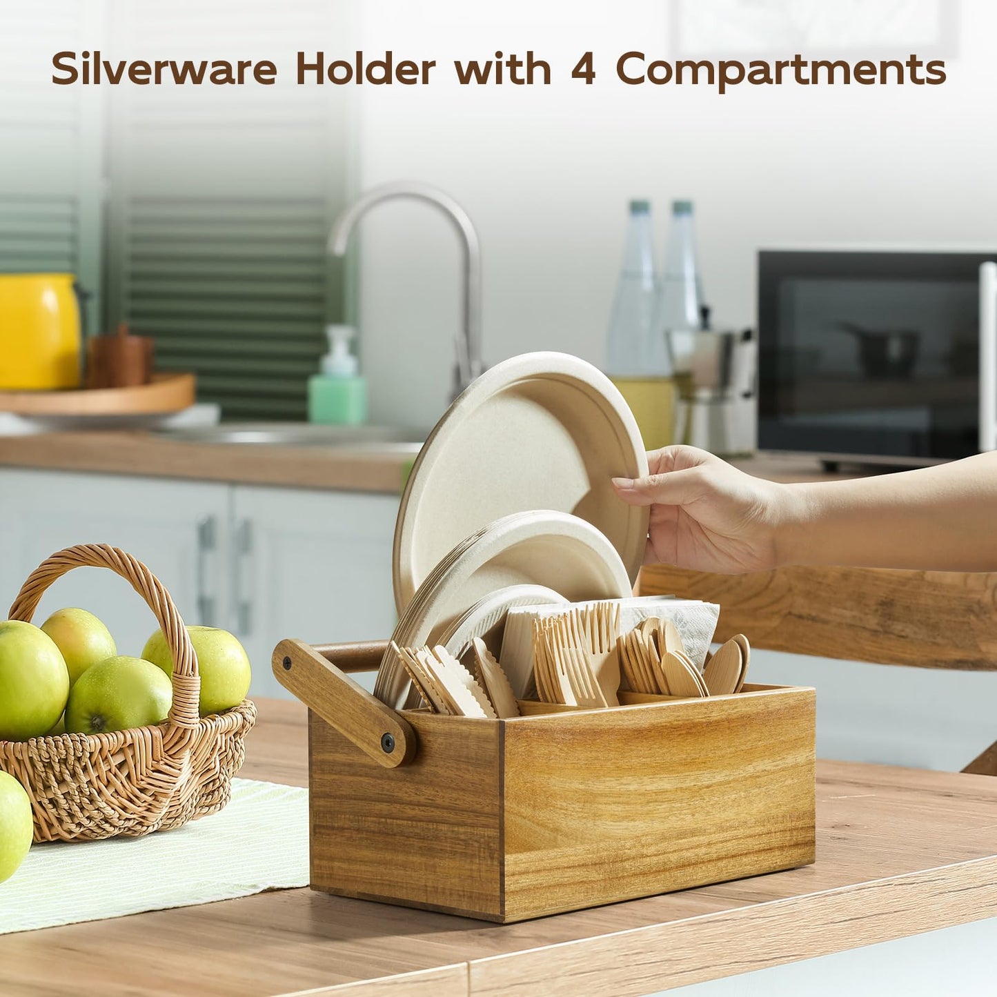 BWODYAY Acacia Paper Plate Dispenser, Paper Plate Holders with Handle, Picnic Silverware Caddy for Party, Cutlery Holder for Countertop, Wood Utensil Organizer for Home Kitchen & RV