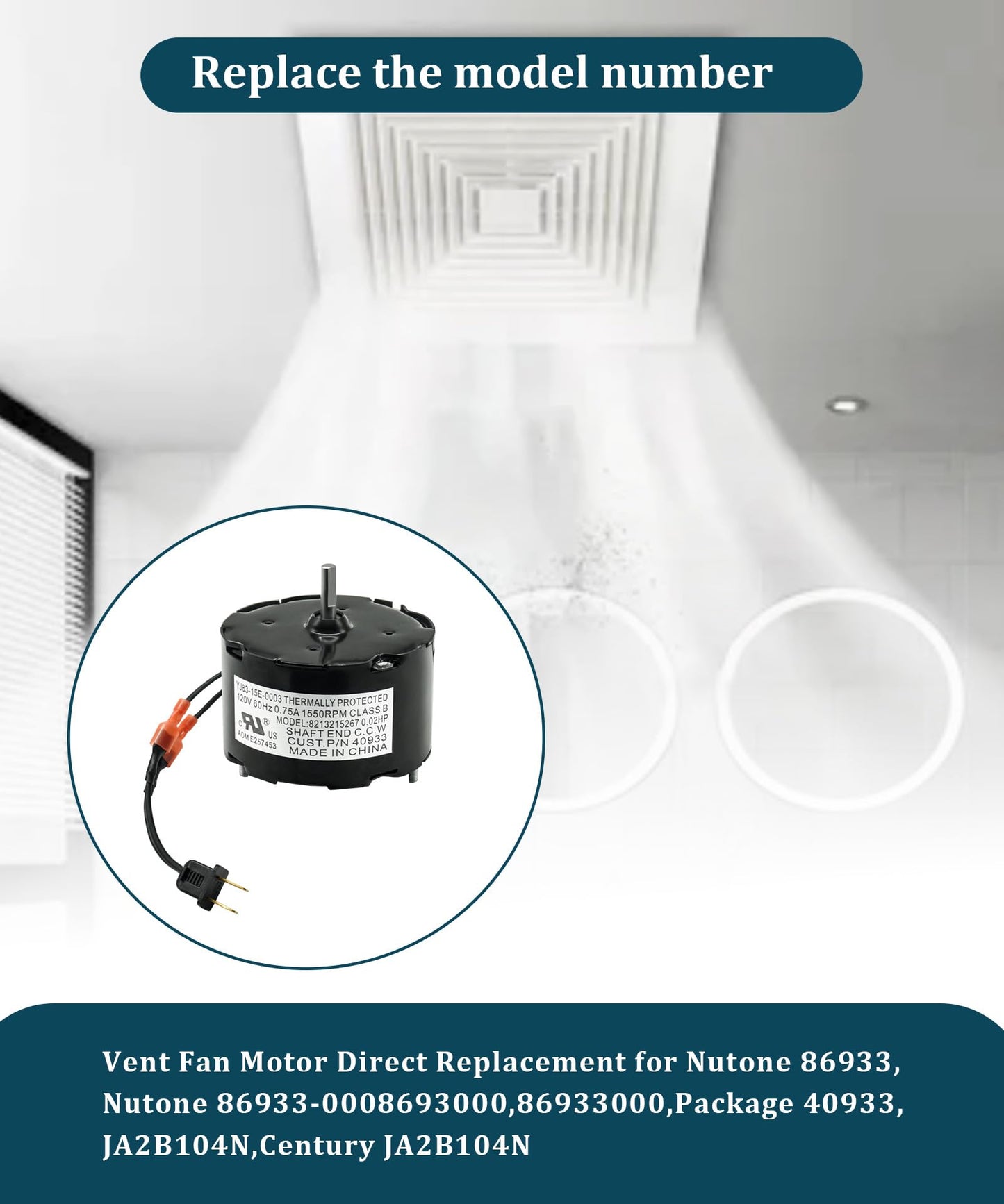 JA2B104N 3.3 Inch Diameter Vent Fan Motor Direct Replacement for Nutone/Broan 40933, 86933, 8693000, 3.3 Inch Diameter Bathroom Fan Motor for Nutone 8664RP, 8663RP, 676-D, 2676F-A, 120 Volts - Black
