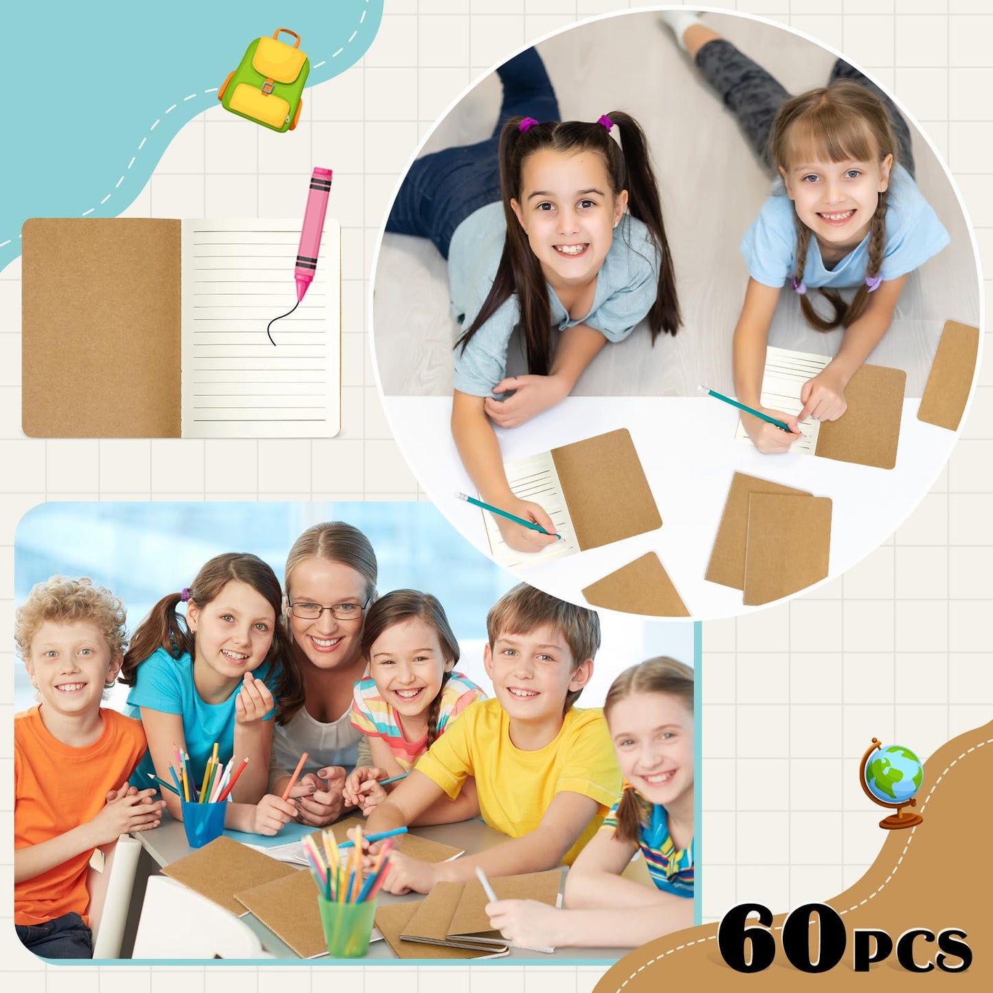 Colarr 60 Pcs Mini Notebooks 5.5 x 4 Inch 30 Sheets Small Journal Bulk Blank Lined Notebook Small Kraft Paper Book Bulk Student Classroom Office Back to School Supplies(Brown)