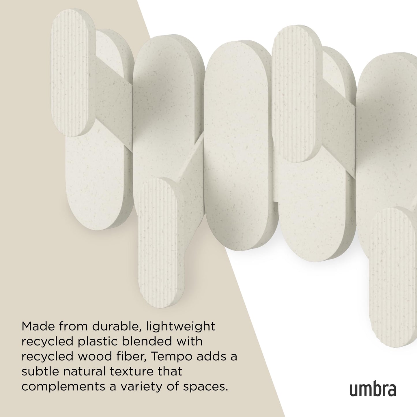 Umbra Tempo Wall Hook – Modern 6-Hook Coat & Towel Rack, Recycled ABS & Wood Fiber, Sand (Beige), Easy Mount Entryway Organizer