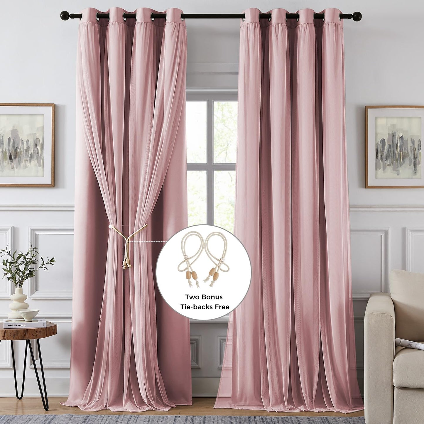 Swandream 100% Blackout Curtains for Bedroom, Double Layer Pink Curtains, Black Out Curtain 84 inch Long with Sheer Overlay for Living Room, Room Darkening Window Drapes with Grommet, 52" W x 84" L