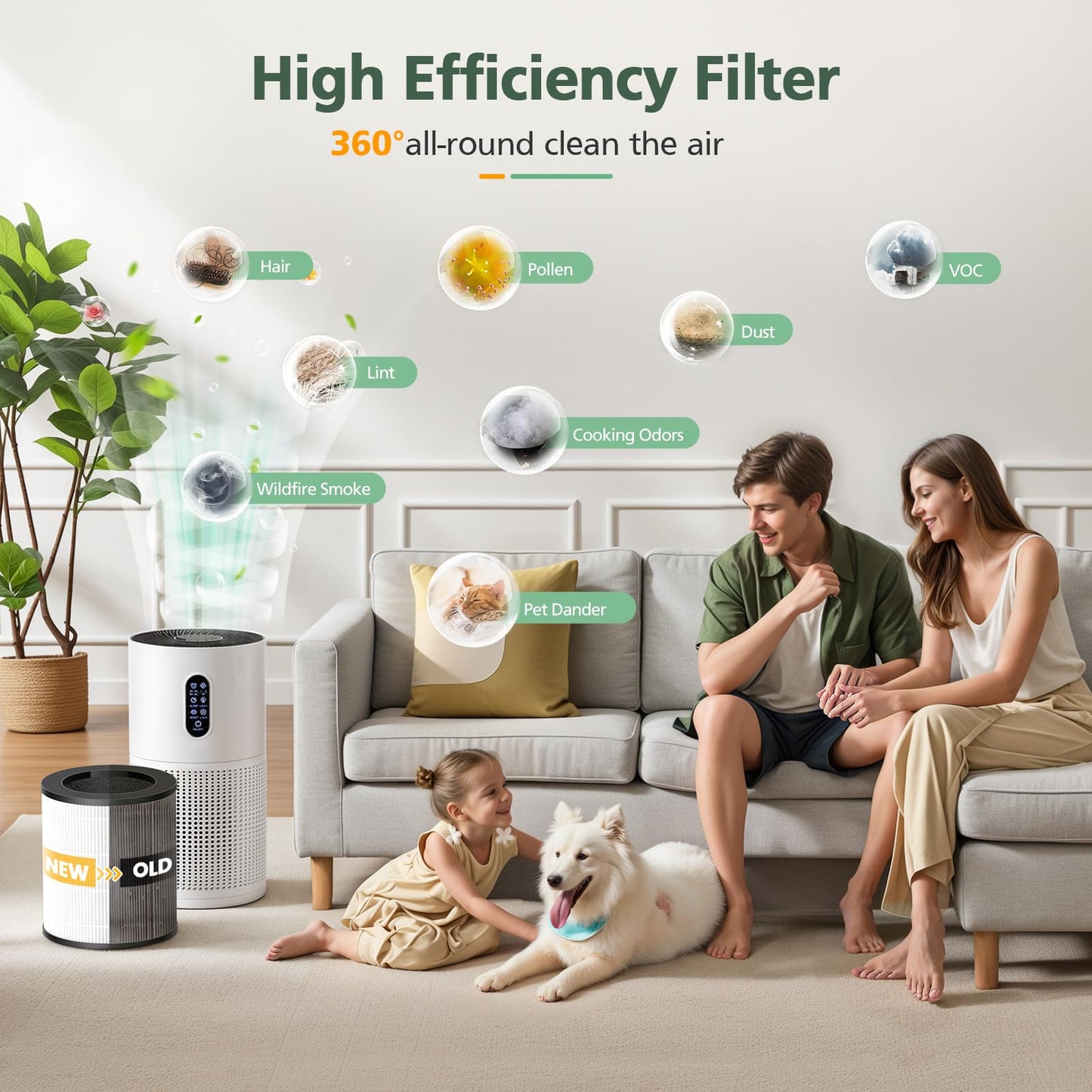 2 Pack M03 Filter Replacement Compatible with MOOKA M03 & B-D03 Air Purifi-er for Home Large Room up to 1500 ft², 3-in-1 HEPA filter with High-Efficiency Activated Carbon filter