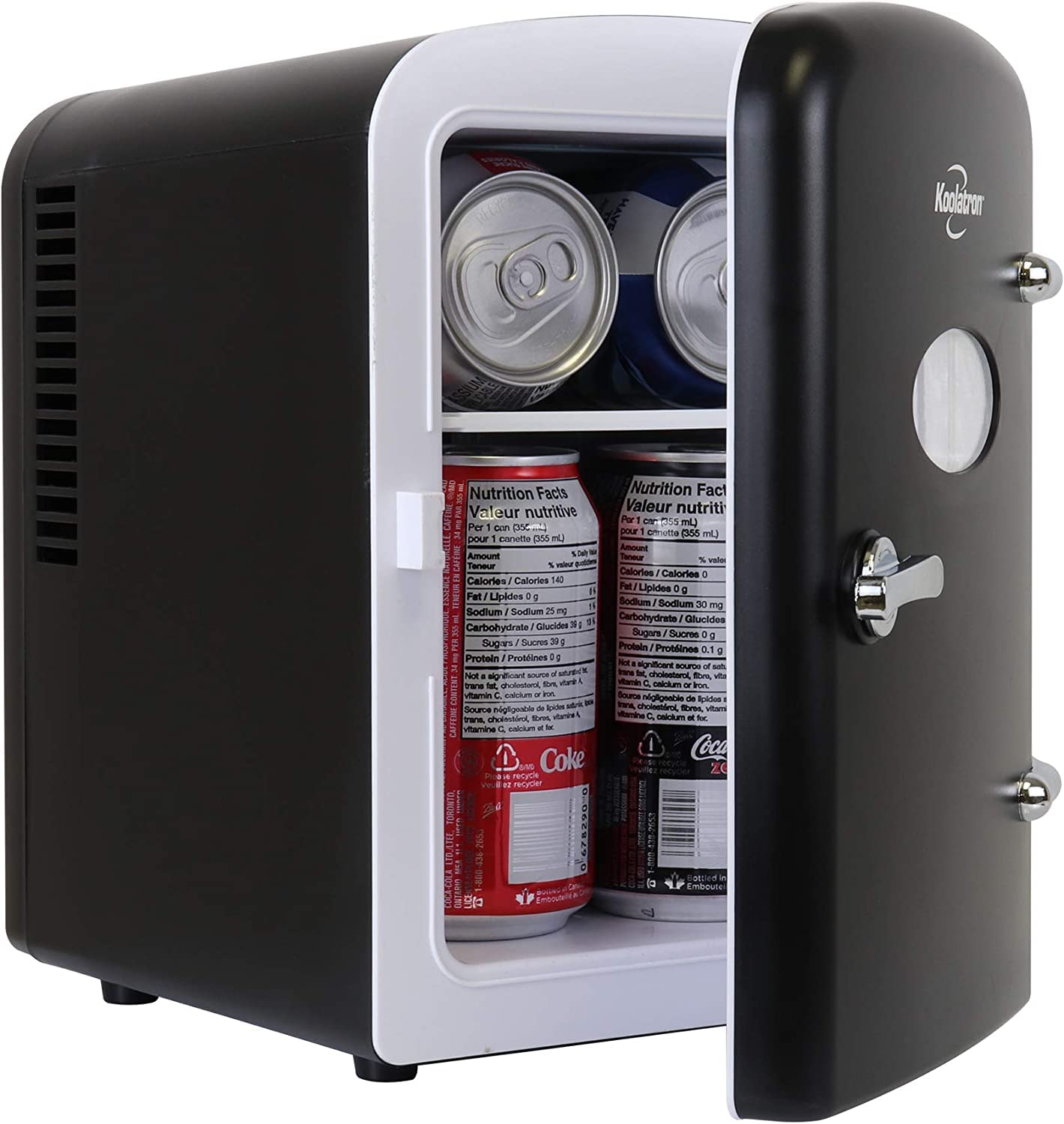 Koolatron Mini Fridge- Black Refrigerator 6 Can Portable Cooler for Bedroom Office Dorm Car Compact Fridge for Drinks Makeup Skincare Dual Power 12V 110V
