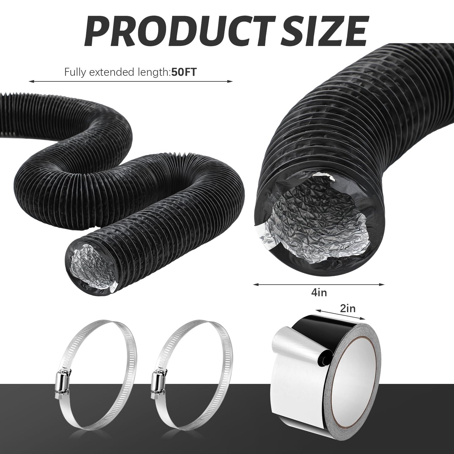 Zonon Dryer Vent Hose 4 Inch X 50 Feet Flexible Aluminum Foil Ducting Non Insulated with Stainless Steel Clamps and Aluminum Tape for Pipe, HVAC Heating Cooling Ventilation and Exhaust (Black)