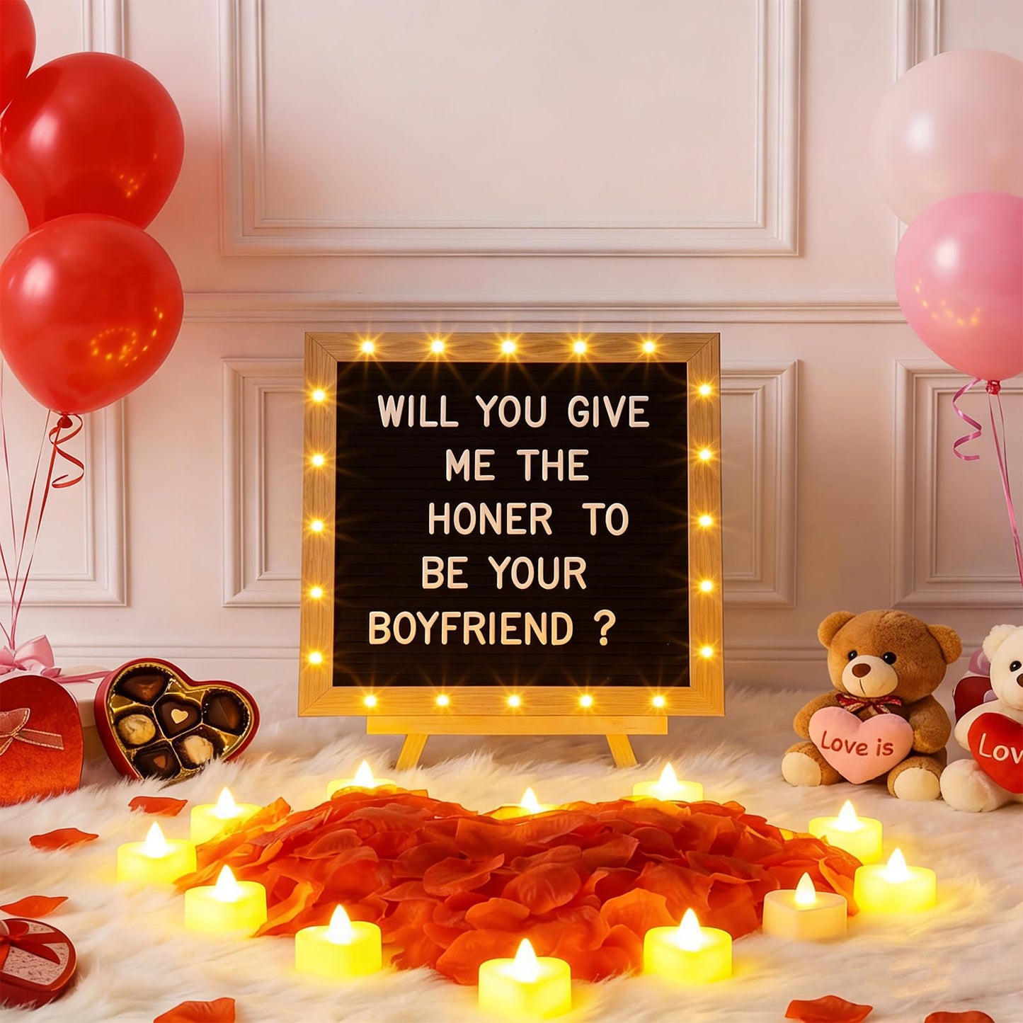 Ceenna Will You Be My Girlfriend Romantic Sign with LED Candles and Artificial Rose Petals Valentine's Day DIY Felt Letter Wood Board Sign with Lights for Valentine's Day Anniversary Party(Black)