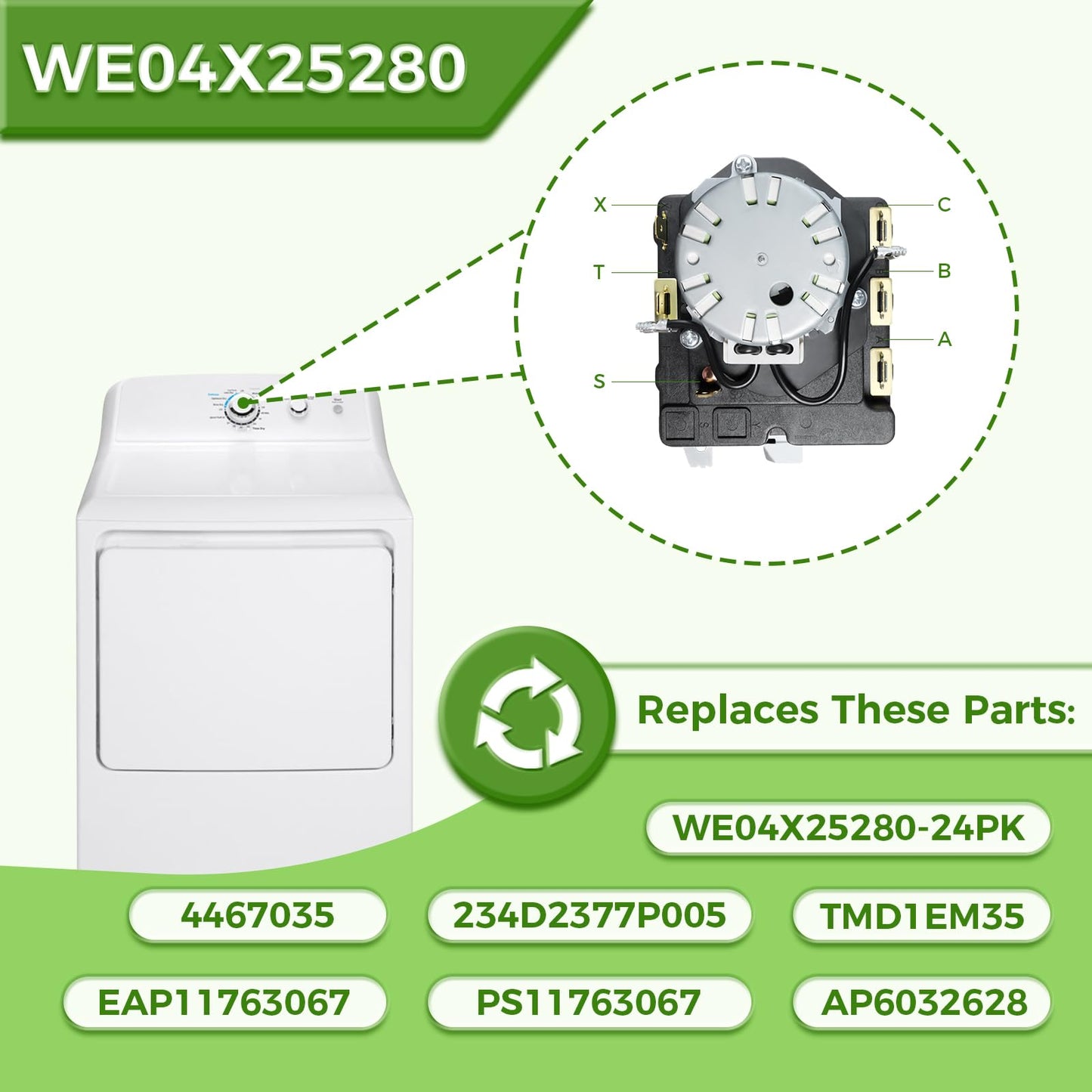 WE04X25280 TMD1EM35 234D2377P005 Dryer Timer Compatible with GE Hotpoint, Replacement Part WE04X25280-24PK 4467035 AP6032628 PS11763067 EAP11763067, 1 Year Warranty