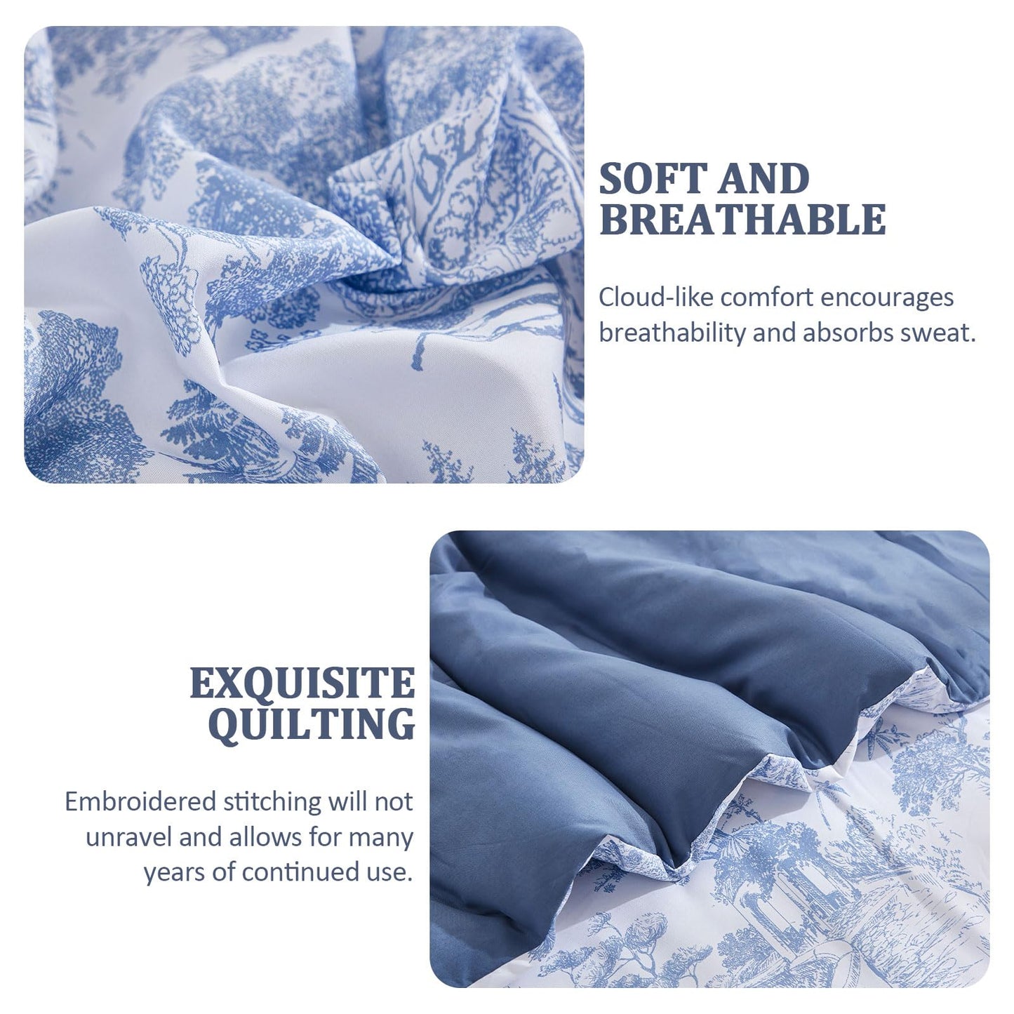 DJY Blue Comforter Set King, 7 Pieces Bed in a Bag King Size Botanical Comforters with Sheets Elegant Plants Print Soft Microfiber Reversible Complete Bedding Sets for All Season