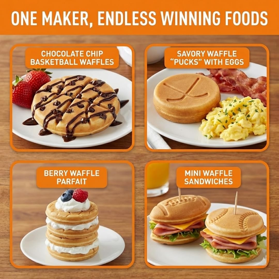 Sports Waffle Maker- Make Breakfast a Slam Dunk- Bakes 7 Themed Pancakes Including Football, Baseball, Basketball, Soccer, Tennis & More- Electric Nonstick Waffler w Recipes- Kids Team or Coach Gift