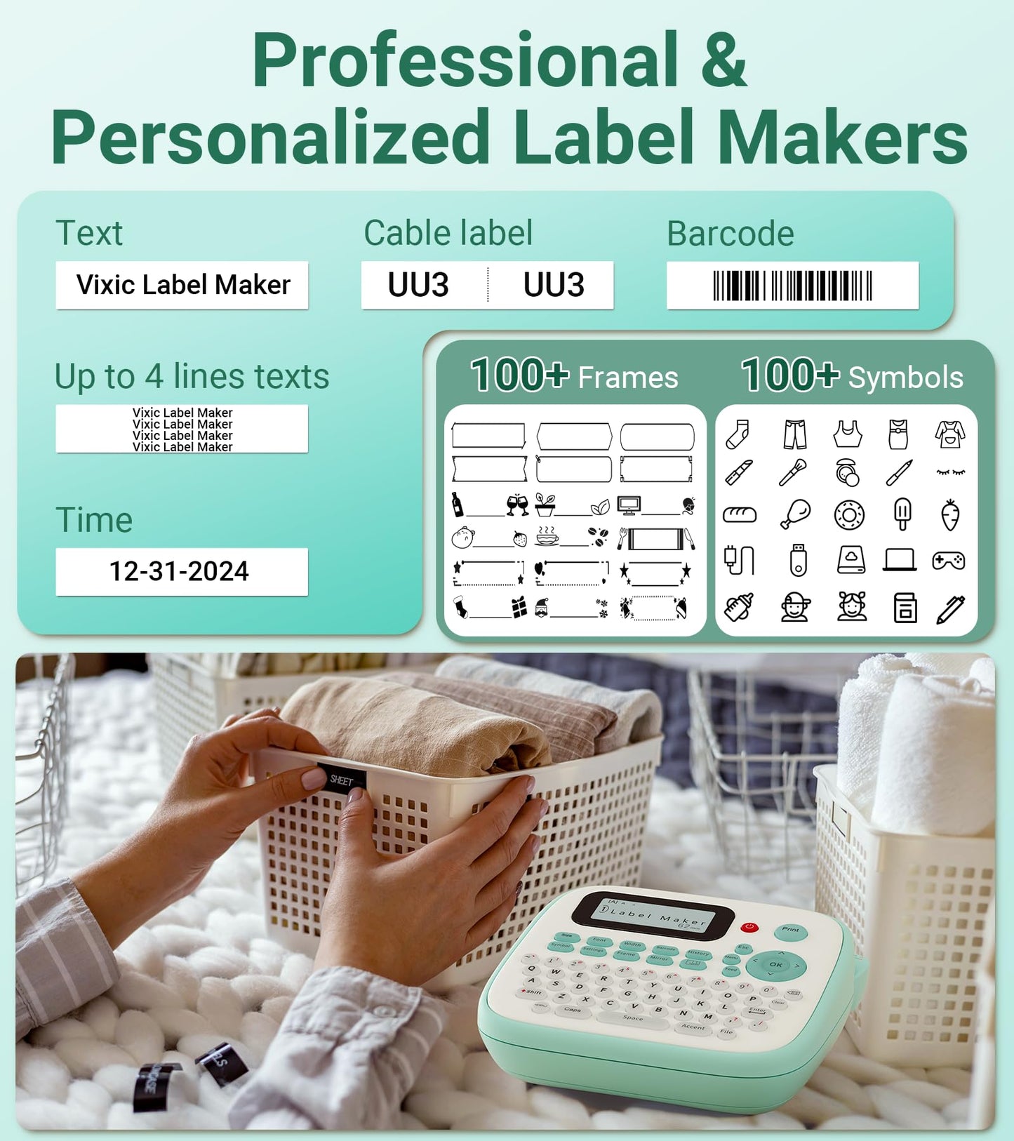 Vixic Label Maker, D210S Label Maker Machine with 4 Laminated Tapes, 12mm Labeler Labelmaker with Waterproof-Labels & QWERTY Keyboard, Print Different Fonts Frame for Home Office Kids School Items