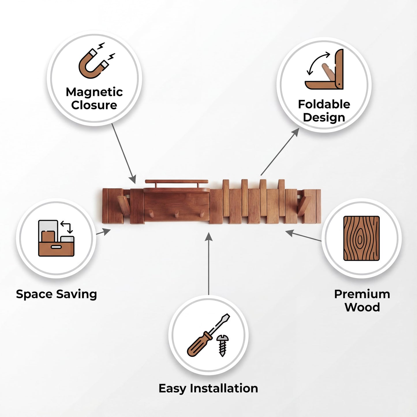 EasTeebw Mid Century Modern Walnut Foldable Entryway Wall Coat Hanger Hook with Shelf,Heavy Duty Wooden Piano Hidden Towel Hooks for Bathroom,Wall Rack for Purse&Key&Mail,Home Decor (Walnut, 9 Hooks)