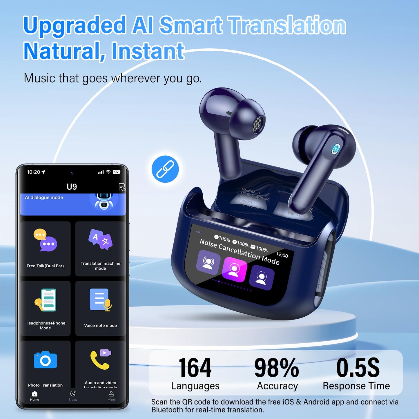 AI Translation Earbuds Real Time,164 Language/7 Translation Modes Translator Earbuds with Audio and Video Calls,No Subscription,5 EQ Modes Touch Screen Translator Headphones,48H AI Ear Buds, Dark Blue