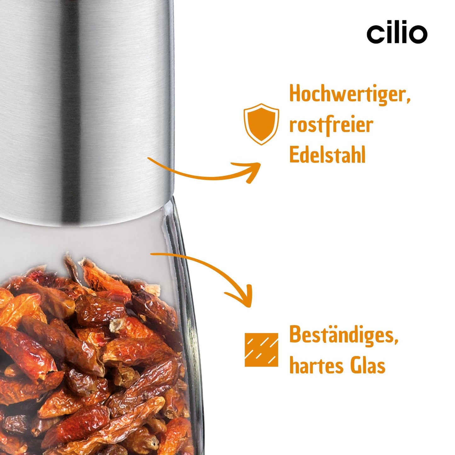 Cilio Piccante Premium Chili Pepper Mill, 2.75"D x 7" H, Stainless Steel/Glass