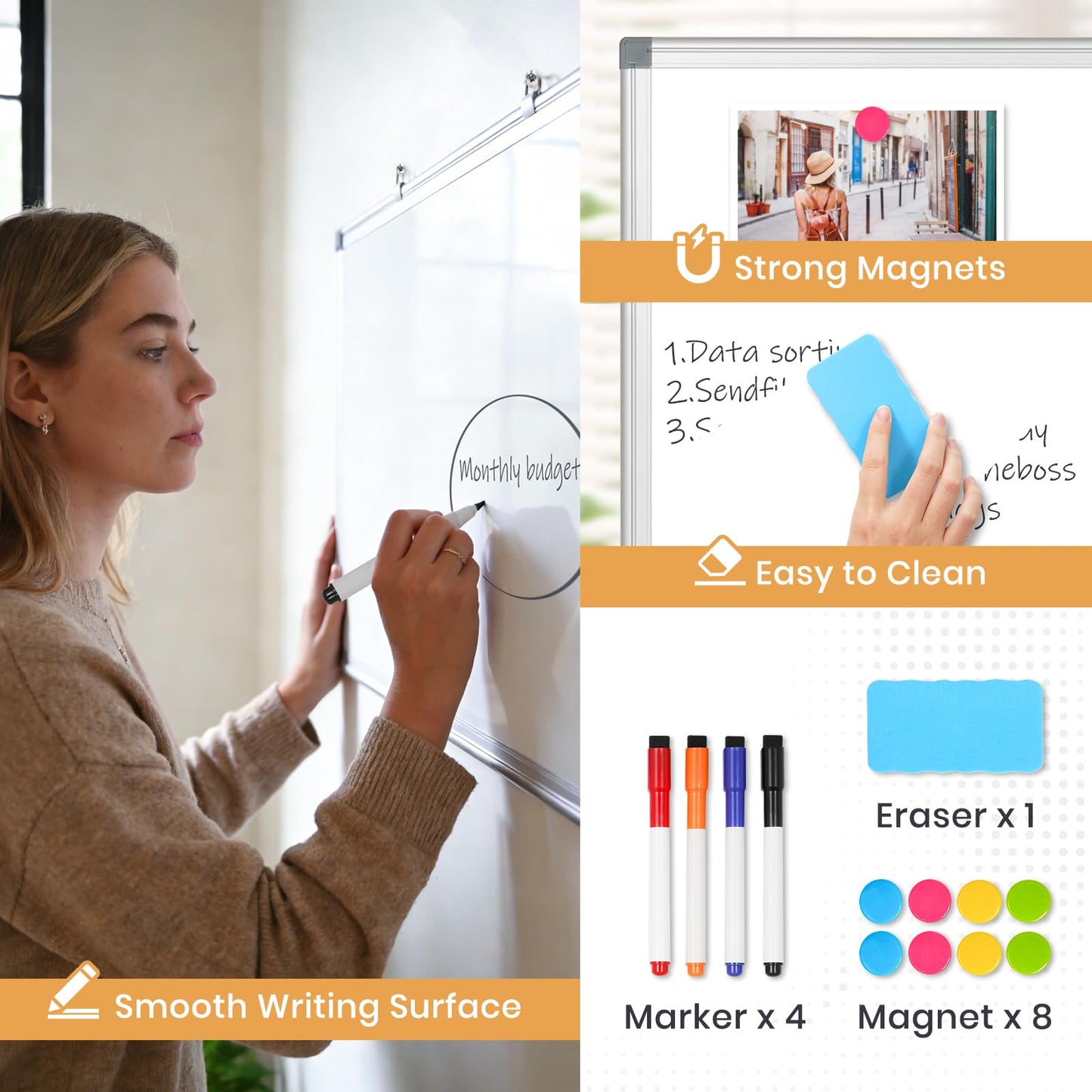 QUEENLINK Double-Sided Magnetic White Board, 20"x30" Dry Erase Whiteboard for Wall with Aluminum Frame Presentation Board for School, Office and Home