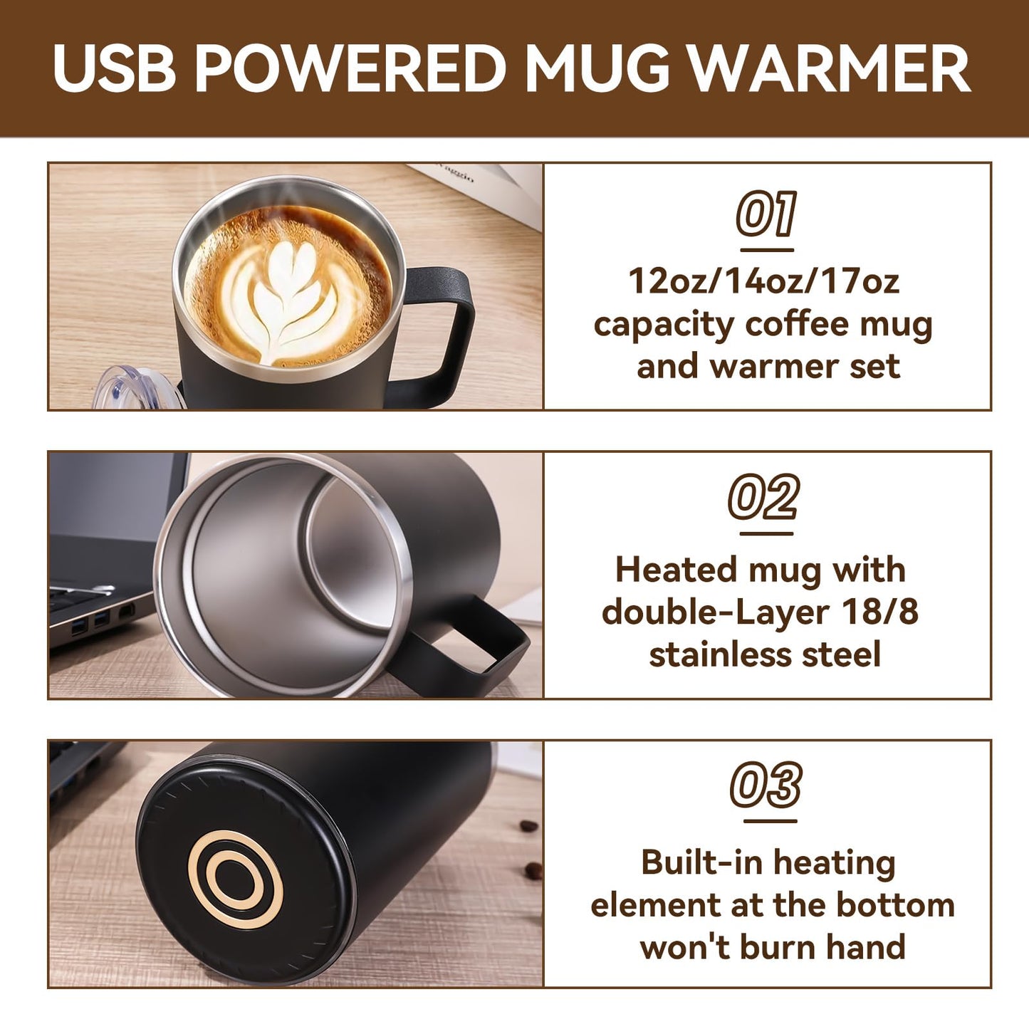 Zhenglu Coffee Warmer Mug Set for Desk, Self Heating Coffee Cup with Lid, USB Electric Coffee Mug with Temperature Control(Black-14oz)
