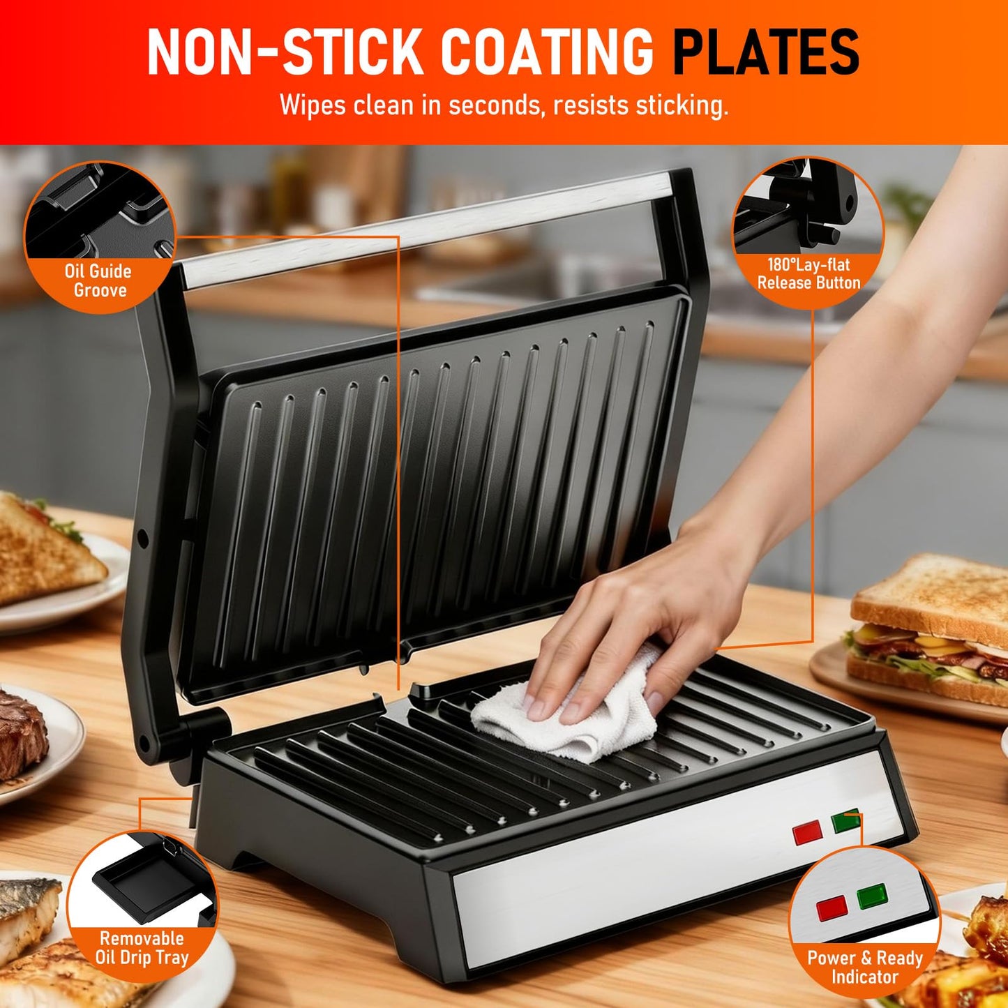Panini Press Grill, 1200W Sandwich Maker with Non-Stick Plates, Standard 2-Slice Sandwich Press Electric Indoor Grill, Opens 180° to Fit Any Size of Food, Removable Drip Tray, Stainless Steel, Sliver
