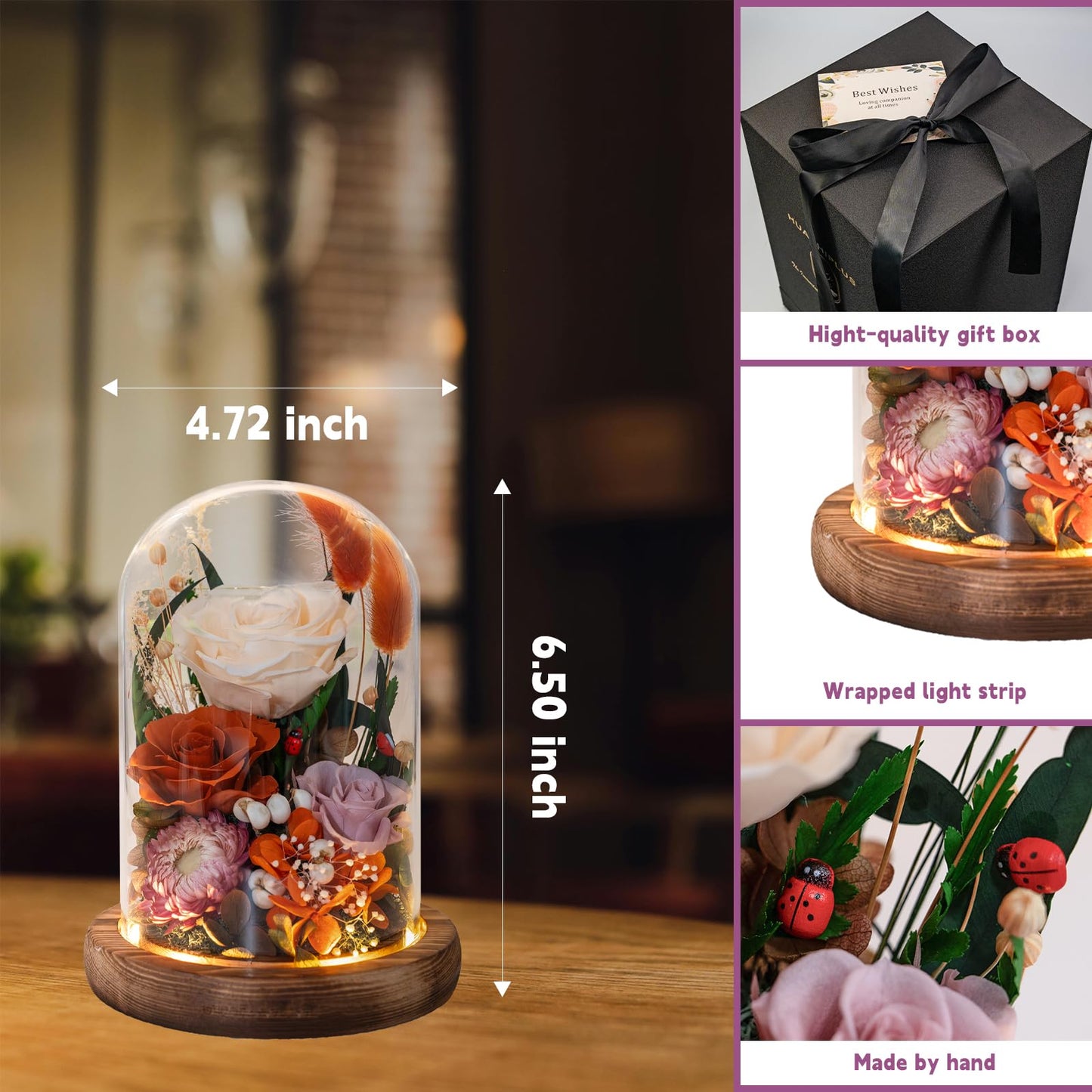 HUACHIPLUS Forever Flower Gifts for MOM:Perfect Mothers Day Flowers for Mom Wife Grandma-Preserved Flower with Symbolic Ladybugs–Flowers for Delivery Prime on Anniversary Birthday (Orange)