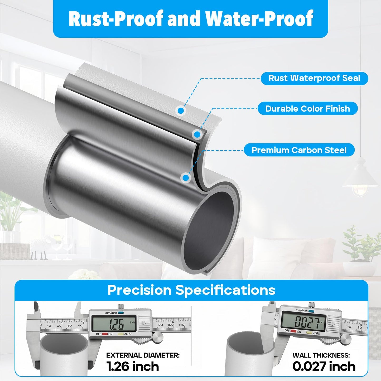 Tension Curtain Rod 41-185 In (4-15ft), Extra Long Tension Rod No Drilling For Patio Windows, White Shower Curtain Rod For Room Divider,One-Click Telescopic Rod, Outdoor Curtain Rods Never Rust