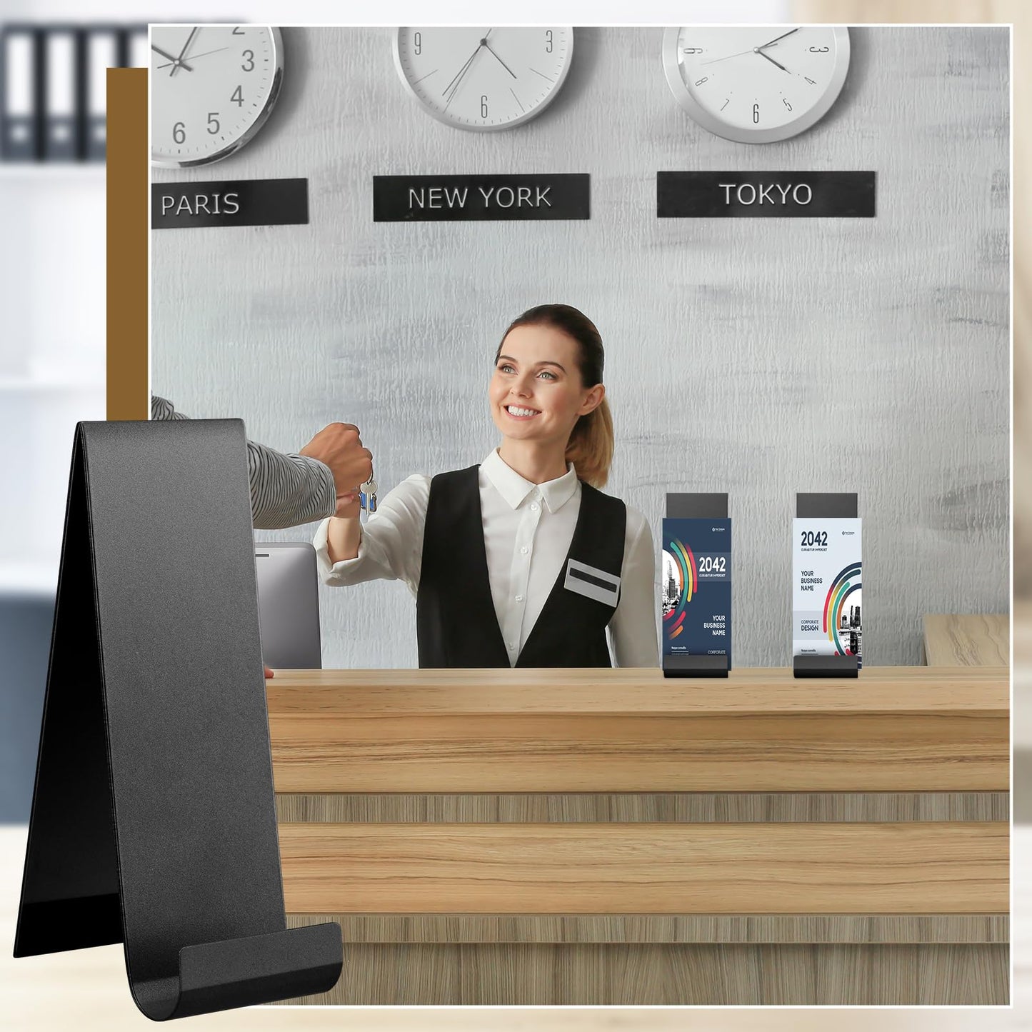 Yaocom 4 Pcs Metal Fancy Brochure Holder Display Flyer Brochure Holder Stand Table Vertical Countertop Literature Organizer for Booklets Pamphlet Magazine Menu Journals(Black)