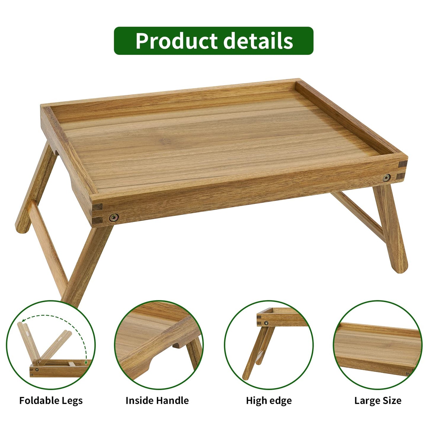 VaeFae Acacia Bed Table Tray, Wooden Breakfast Tray with Folding Legs, Bed Tray for Eating and Laptop, Eating Trays for Bedroom (Large Size)