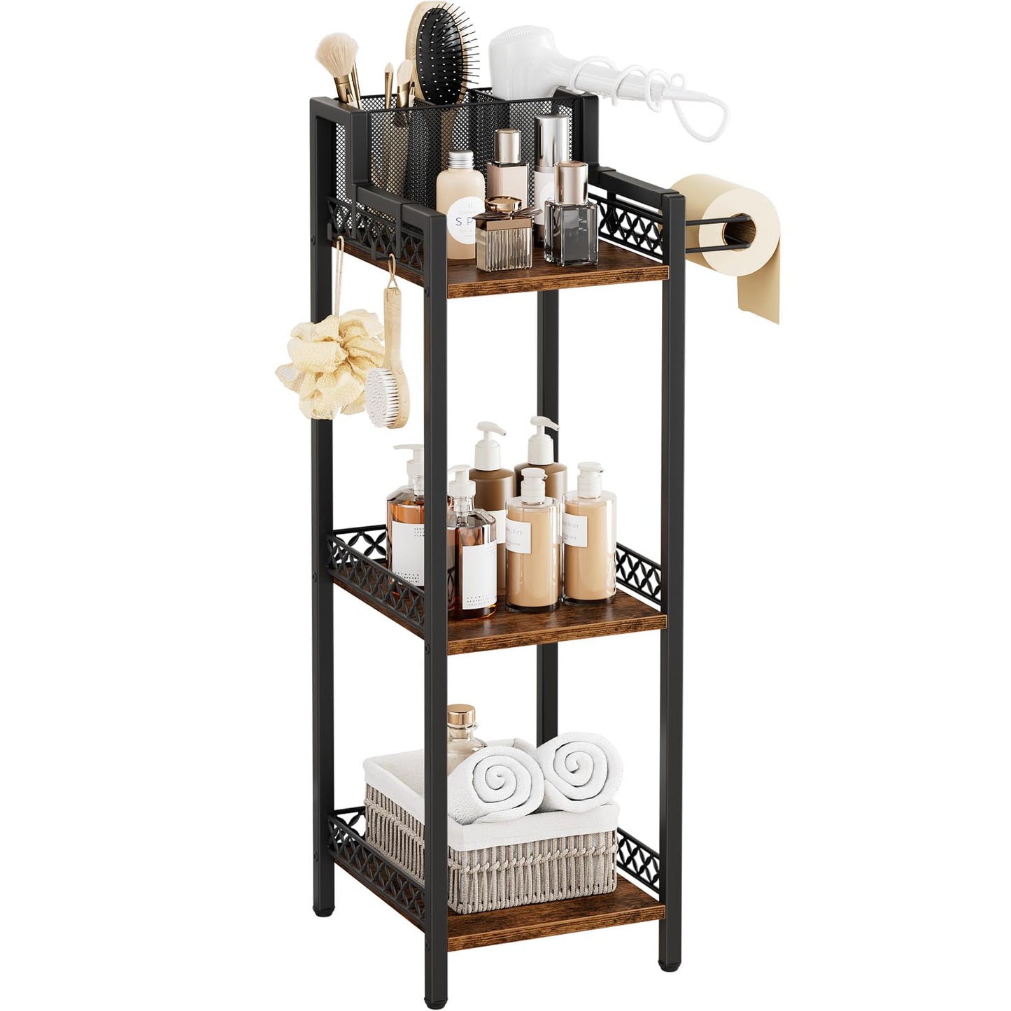 FURFUN Bathroom Storage and Organizer Shelf Hair Dryer Holder, 9.85in 3-Tier Narrow Metal Standing Rack with Toilet Paper Holder, Corner Stand for Cosmetic, Vanity, Kitchen, Laundry Rustic Brown