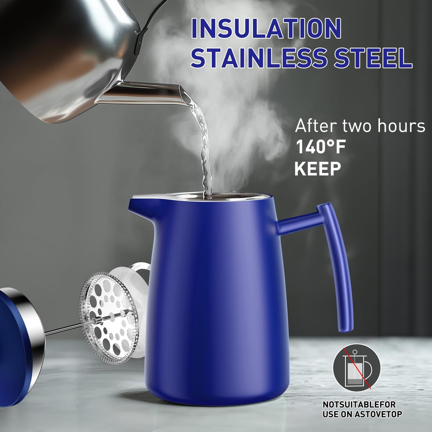 Secura 50oz French Press Coffee Maker – 304 Stainless Steel, Insulated Coffee Press with Extra Filter, Blue