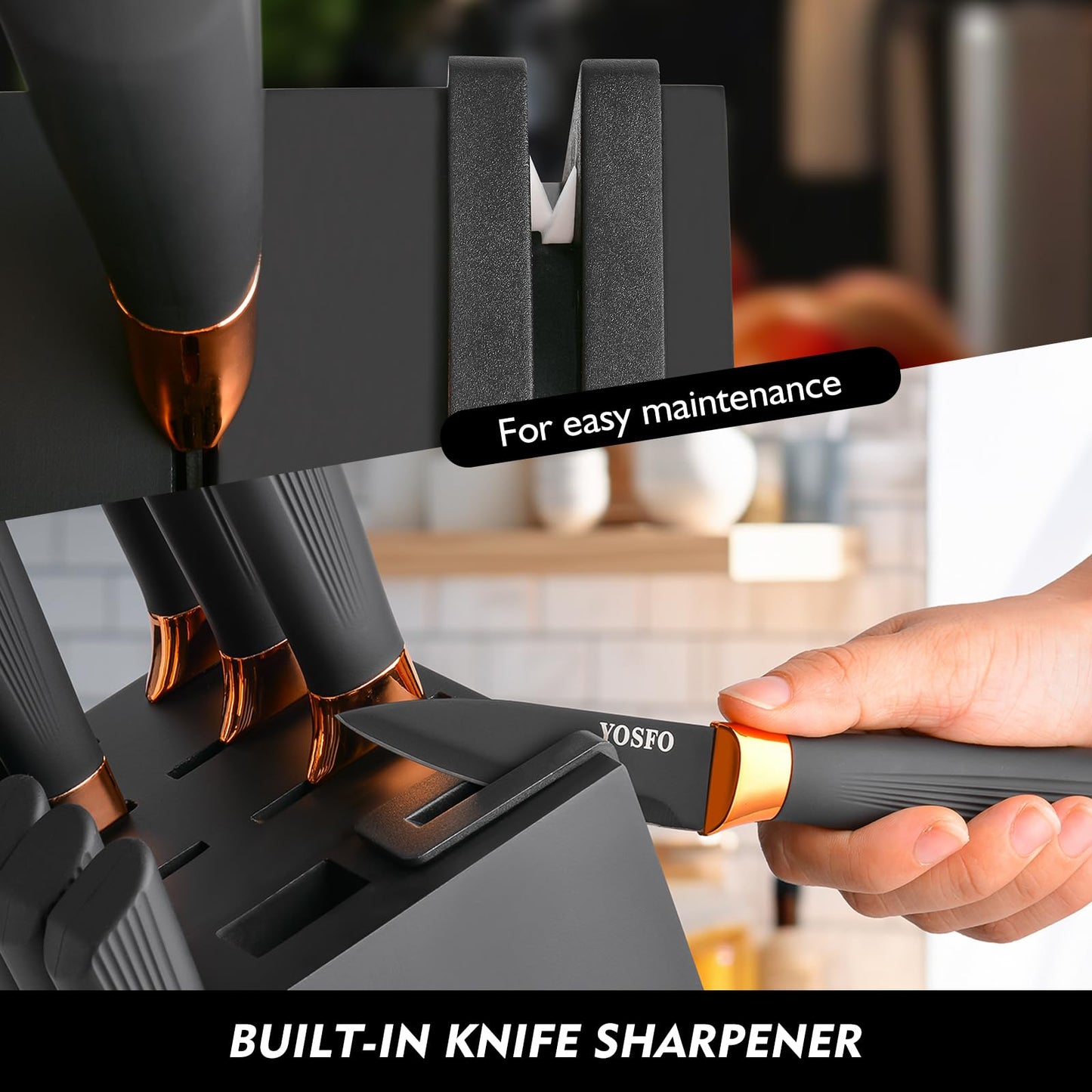 YOSFO Kitchen Knife Set,15 Pcs Knife Set with Block and Sharpener,High Carbon Stainless Steel Ultra Sharp,Dishwasher Safe