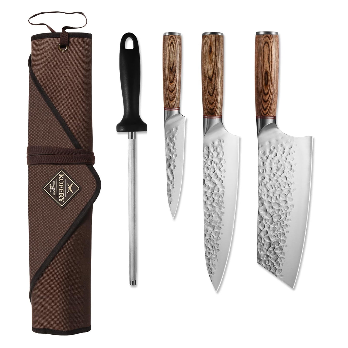 KOFERY 3 Piece Hammered Knife Set with Honing Steel & Bag, Forged High Carbon Steel Blades for Meat Cutting, Outdoor Cooking, BBQ, Culinary School Starter Kit for Student Chef