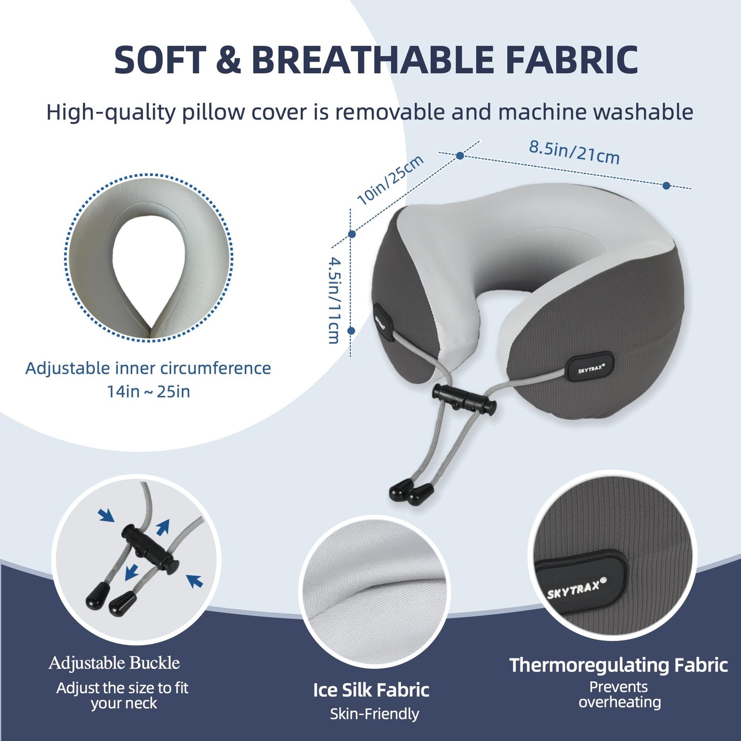 SKYTRAX COMF® Premium Ergonomic Memory Foam Travel Neck Pillow, Washable Cooling Ice Silk Cover, Firm Neck Support for Airplane Long Flights & Pain Relief, with Portable Carry Case (Grey)