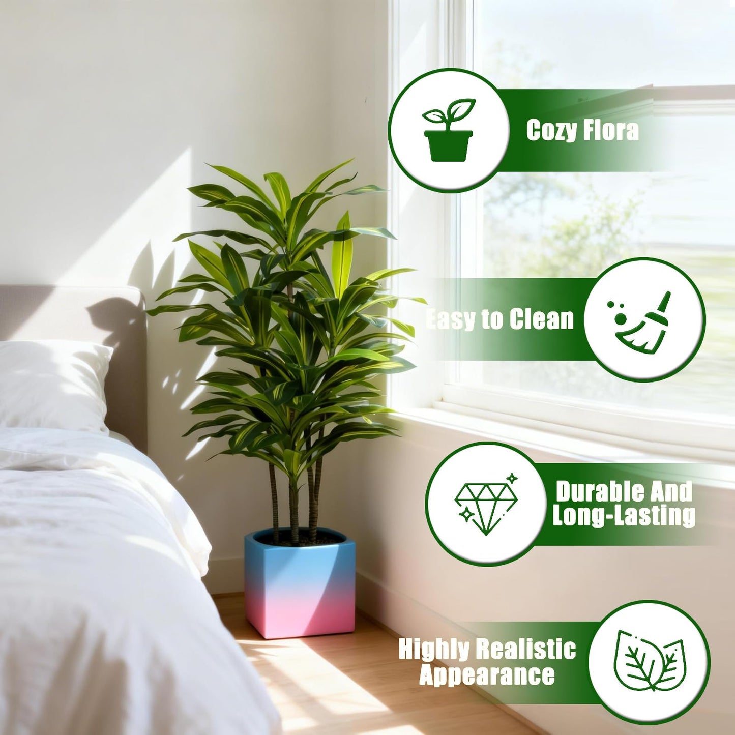 AzureLeap Dracaena Artificial Plant Indoor 4FT - Tall Faux Floor Plant in Pot - Large Tropical Fake Tree with Lifelike Leaves - Artificial Dracaena Tree for Home Office Living Room Decor