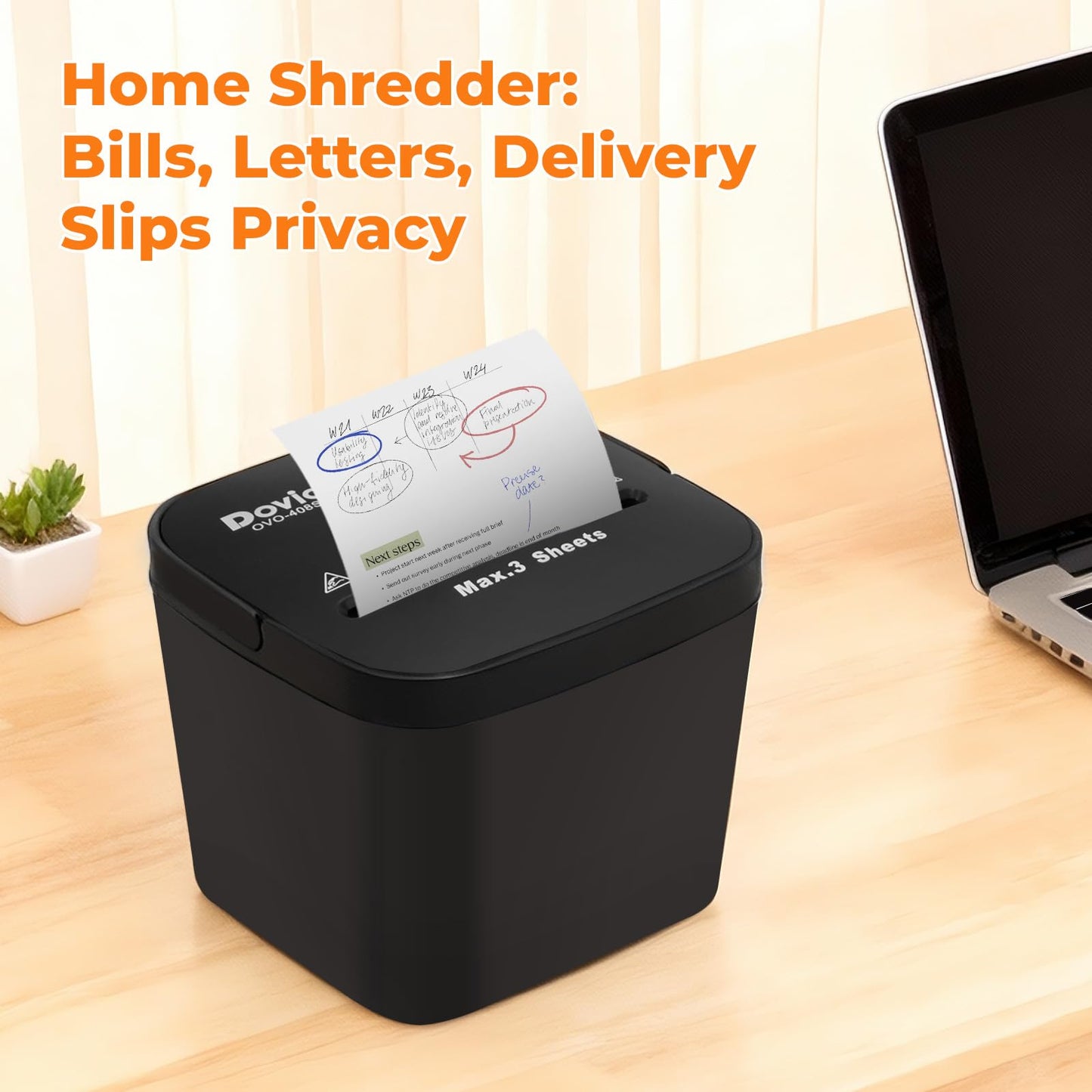 Dovio OVO-408S Cross Cut Mini Paper Shredder, Auto Start/Stop, 3-Sheet Capacity, Quiet <65dB for Home Office, with 4L Bin & Motor Reverse