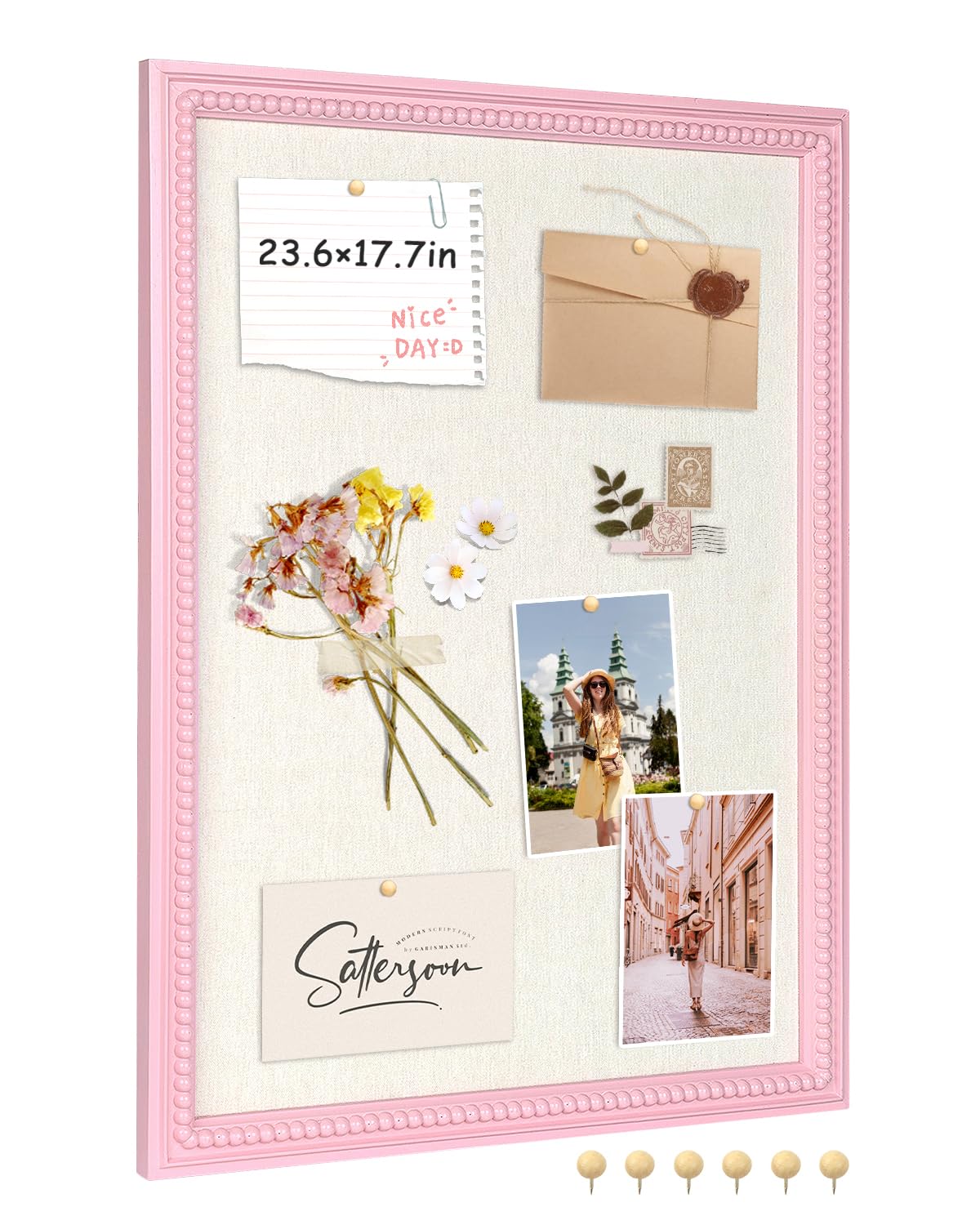 Framed Linen Bulletin Board - 18 x 24 inches Fabric Organizer Pinboard for Wall, Picture Display Vision Board, Cutecore Room Decor - Natural Linen with Pink Frame