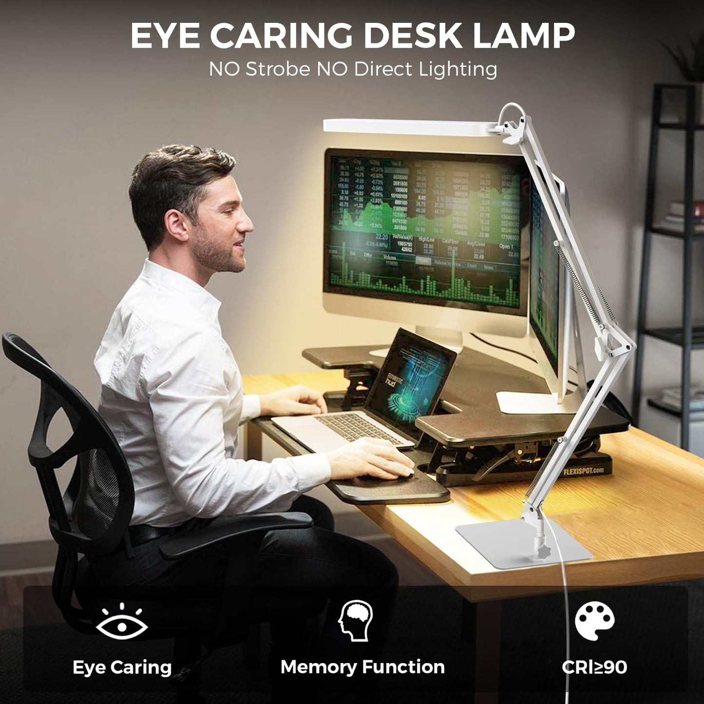 SKYLEO LED Desk Lamp with Slim Base - Adjustable Swing Arm Desk Light, Dimmable, Timer, Eye Protection, Memory Function, 1300LM, 12W, White