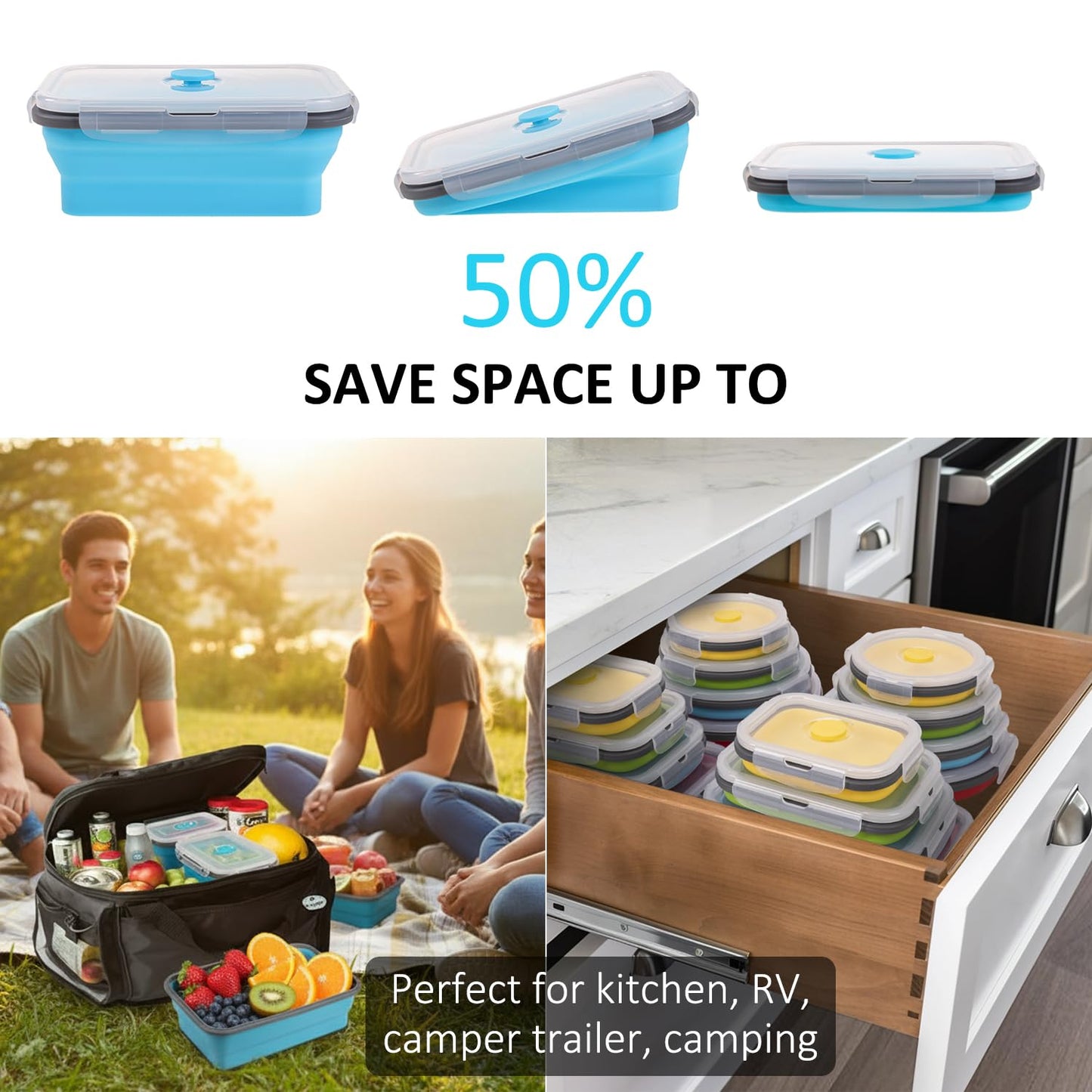 Collapsible Food Storage Containers with Lid & Air Vent, 16 Pack, 8 Rectangular + 8 Round, Annaklin Foldable Silicone Lunch Containers Collapsible Bowls Set, Microwave Freezer Dishwasher Safe, 4-Color