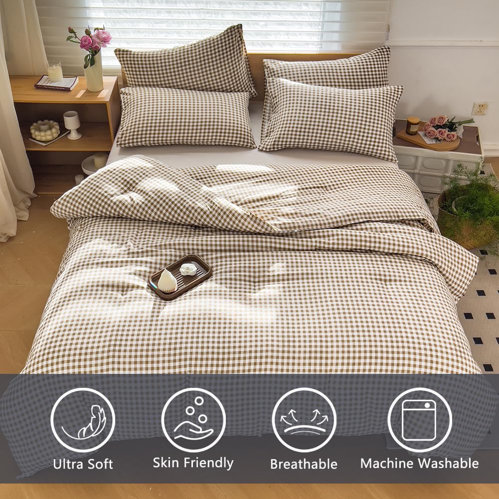 NSNLGSGC Queen Comforter Set, Tan Gingham Bedding Comforter Sets, Brown Grid Bed Comforter 3 Pieces (1 Comforter, 2 Pillowcases)