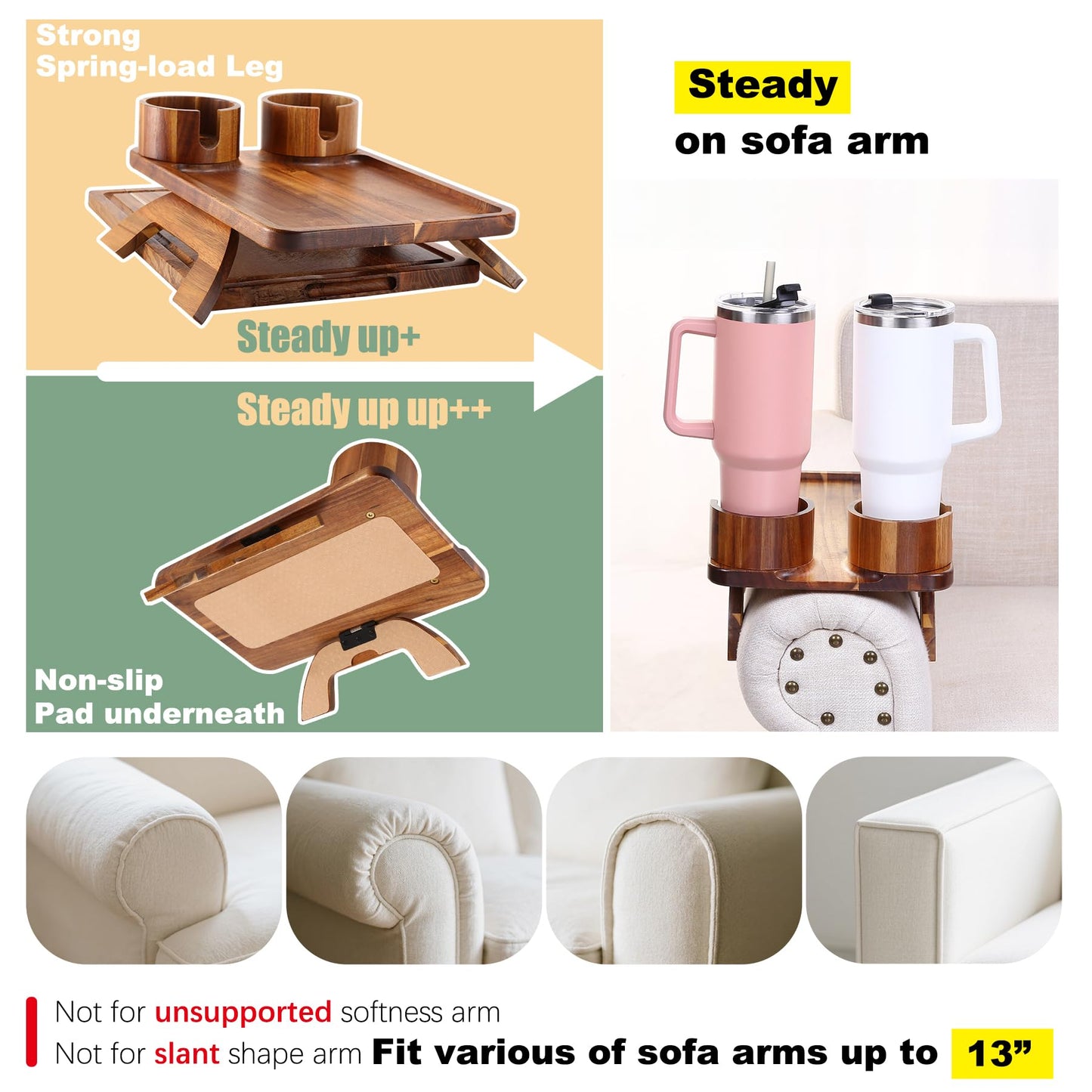 Nnewvante Couch Arm Table with Cheese Board, 4 in 1 Large 15.7"x9.85" Acacia Wood Sofa Arm Clip on Tray with 360 Rotated 2 Cup Holder & Phone Holder & Knife Fork on Armrest