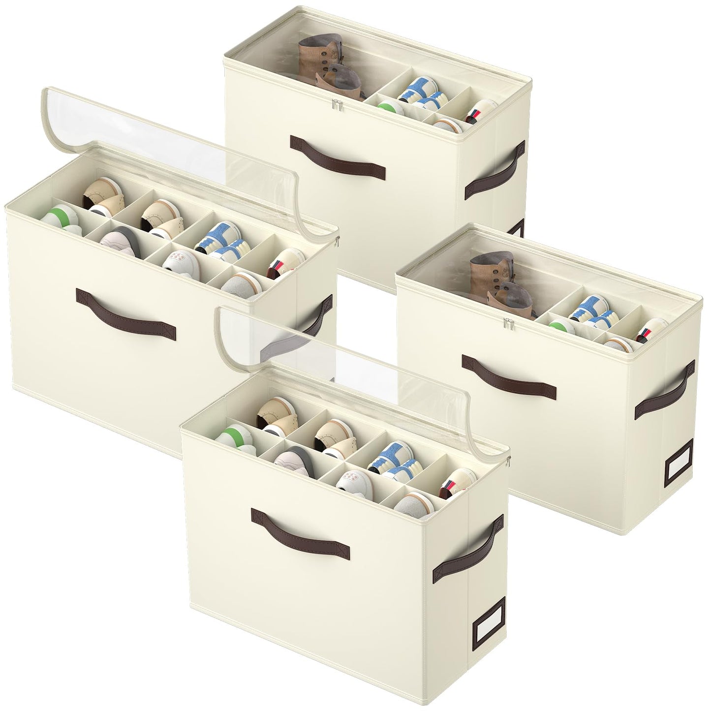 OIAHOMY 4 Pack Shoe Organizer for Closet, Foldable Shoe Storage Bins with Adjustable Dividers, Stackable Oxford Cloth Sneaker Boxes for Entryway Bedroom, Fits Up to 32 Pairs, Beige