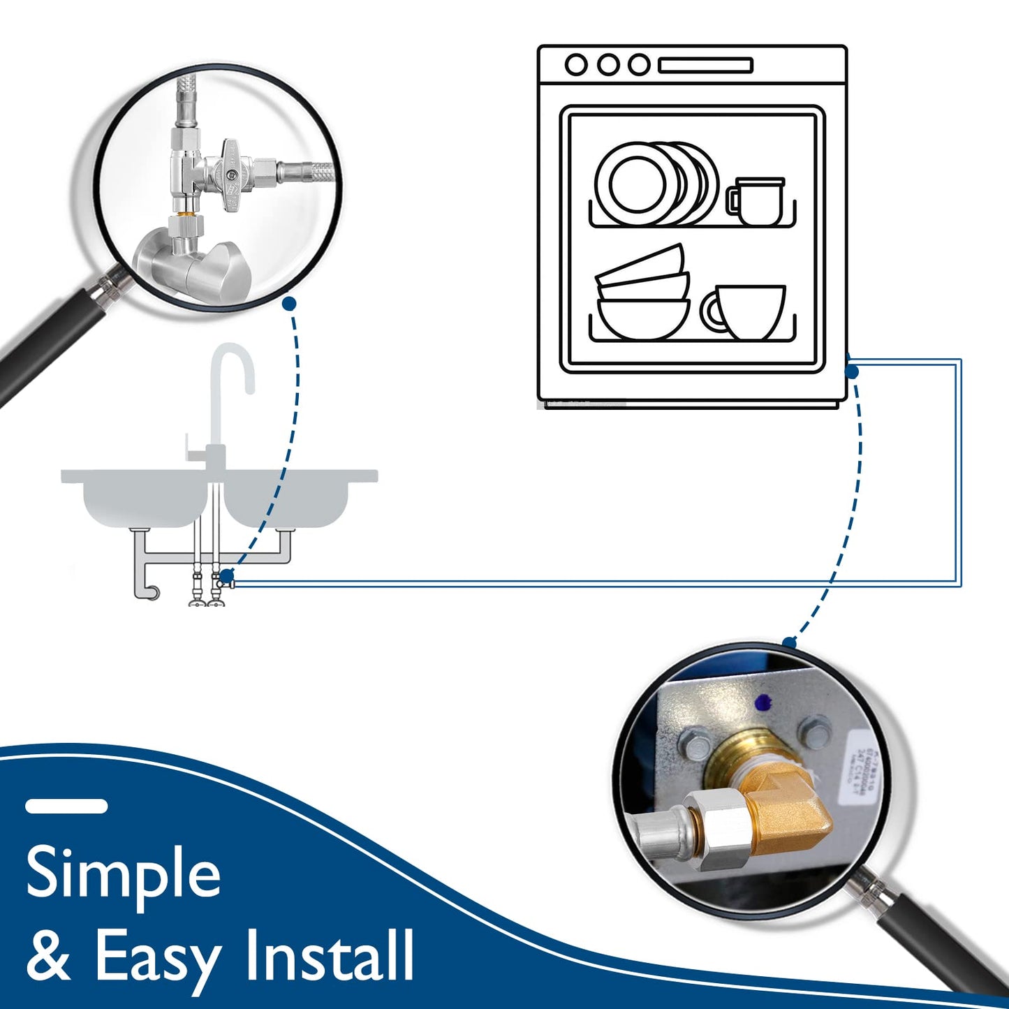 Dishwasher Installation Kit - 15 FT Stainless Steel Braided Dishwasher Hose kit,Food Grade PEX Inner Tube Water Line with 3/8"x 3/8"x 3/8" Tee Stop Valve,3/8"x 3/8"MIP Elbow,3/8"x 3/4"FHT Elbow