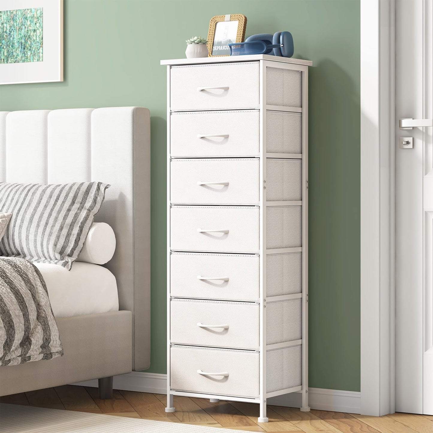 Fixwal Tall Narrow White Dresser for Bedroom, Storage Dresser Organizer with 7 Fabric Drawers, Nightstand Furniture in Closet, Entryway, Hallway