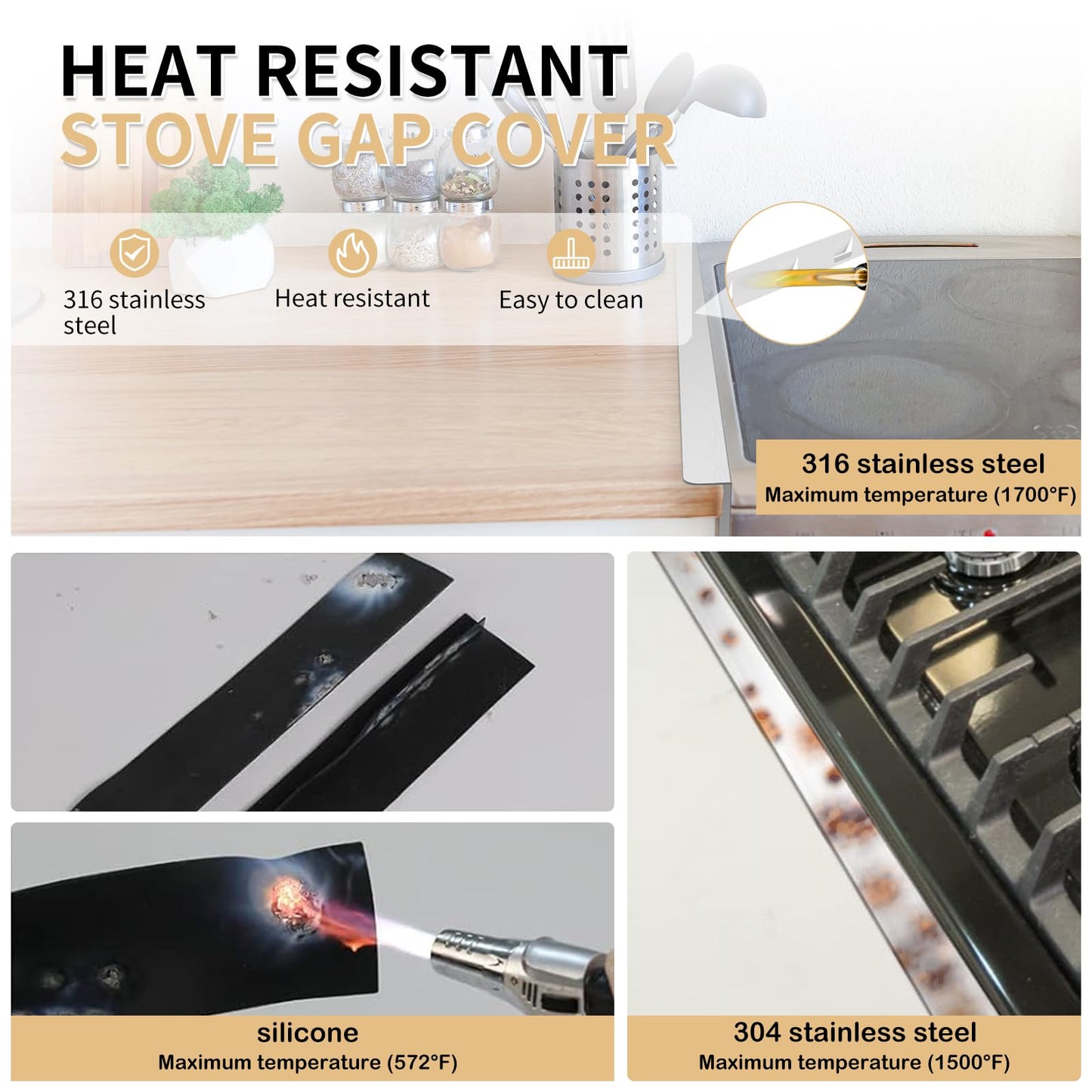 MOFINO Stove Gap Covers 316 Stainless Steel,2 Pack 23.2" Stove Gap Filler,Heat Resistant Stove Gap Guards,Between Stove and Counter Slide In Range Trim Kit for Kitchen,Silver