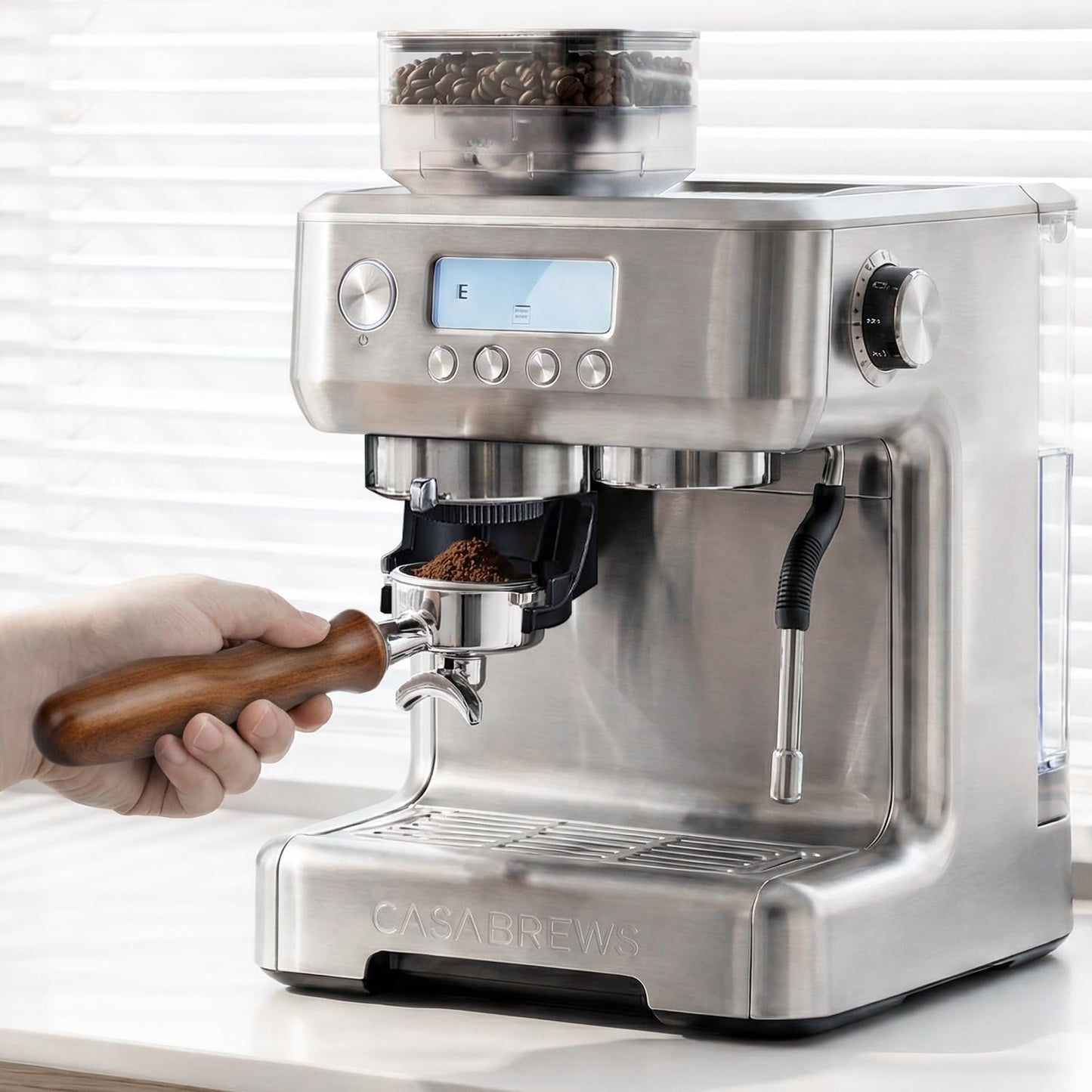 KUCHZUBE 58mm Portafilter 3 Ears with Double Spout Compatible with CASABREWS 5700 Series, Neutron Pro, Ultra and 4700Gense and Other 58mm Portafilter with Three Prongs Thickness 4.9mm | Wooden Handle
