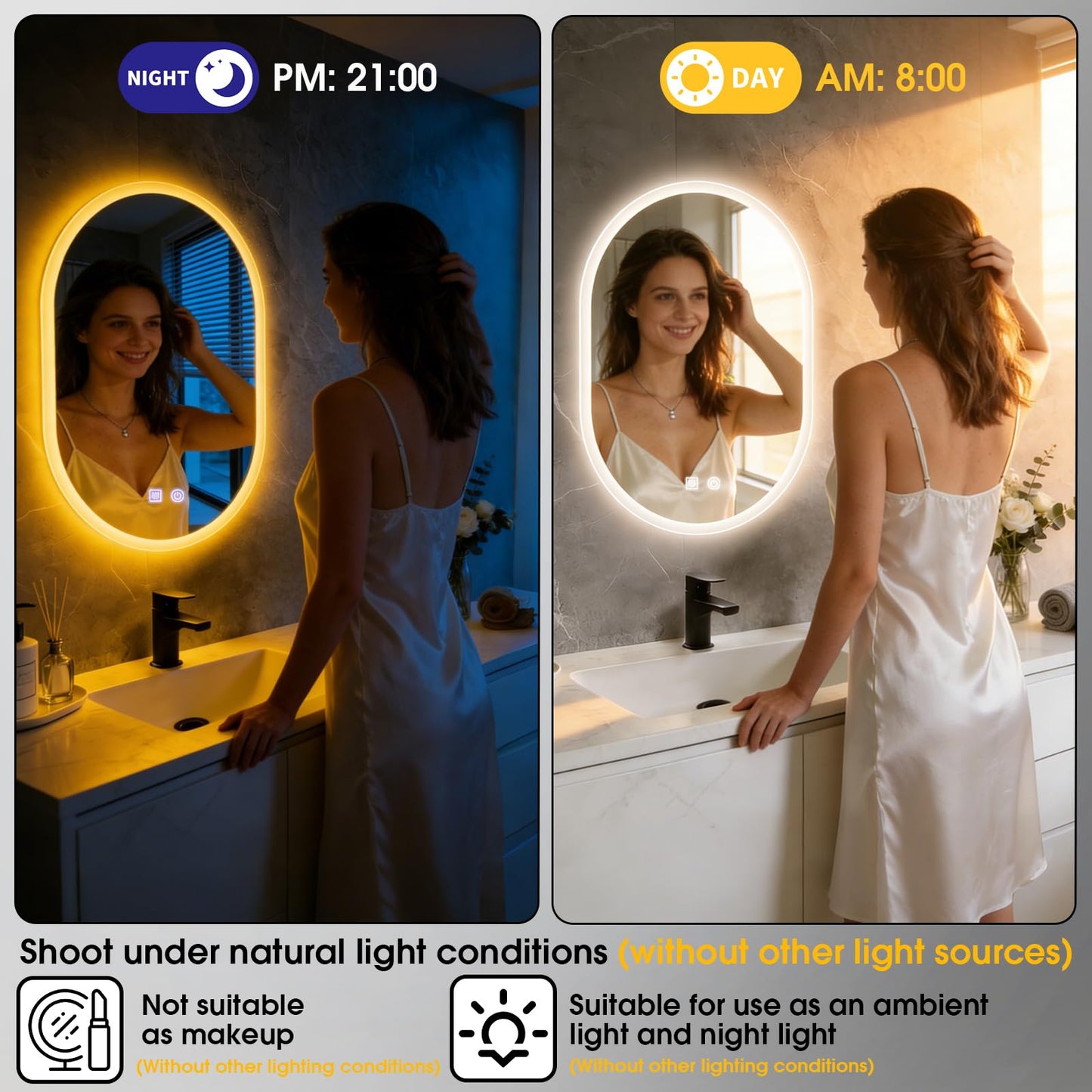 JingImage 20x28 LED Bathroom Mirror with Lights Oval, Lighted Bathroom Vanity Mirror for Wall, Front Lit and Backlight, Anti-Fog, 3 Color Dimmable, Vertically Only