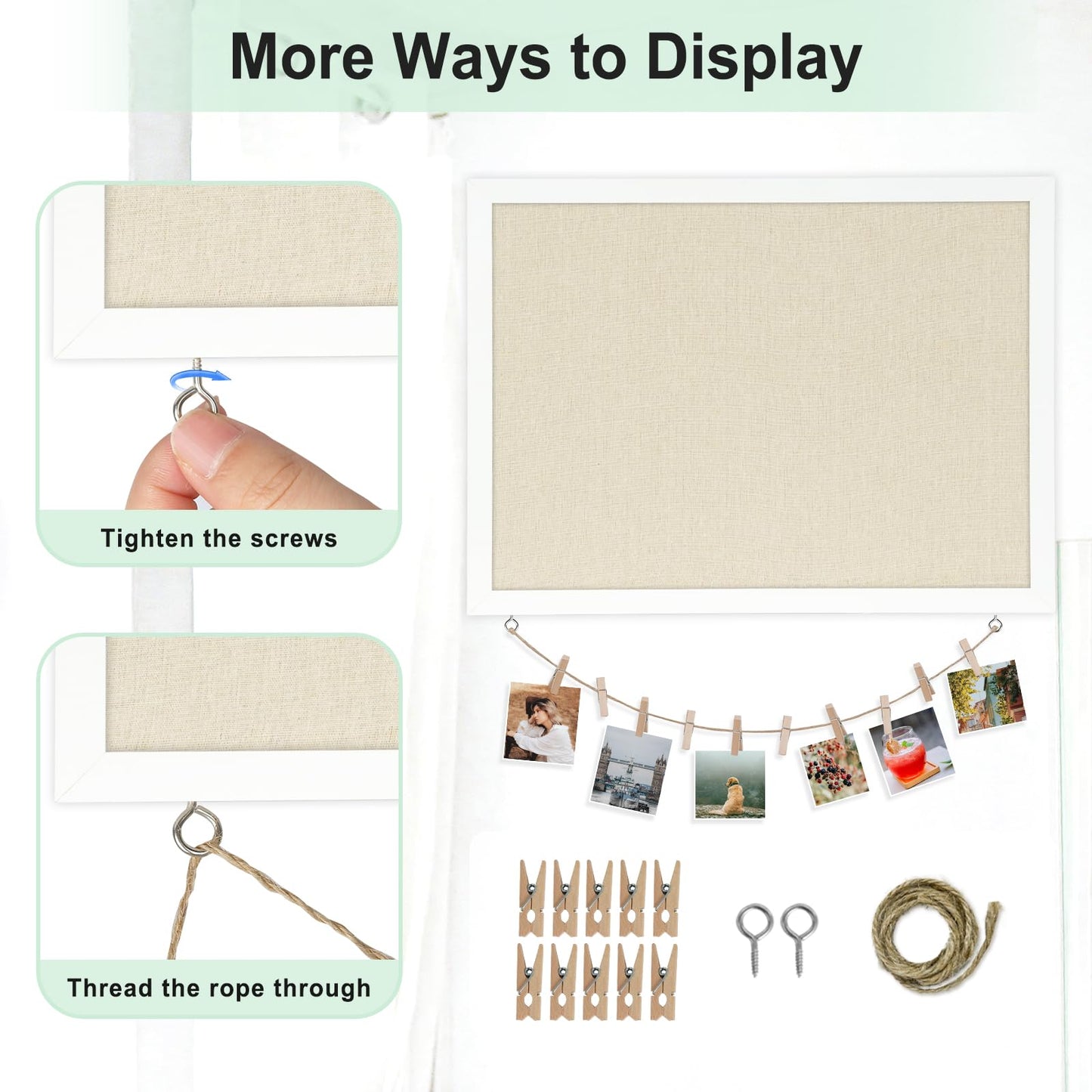 DOLLAR BOSS Cork Board Bulletin Board with Linen Double-Sided 24" x 18" Linen Corkboards for Walls Picture Display Vision Board for Office Home School Framed Picture Pin Board, 20 Pushpins 10 Clips
