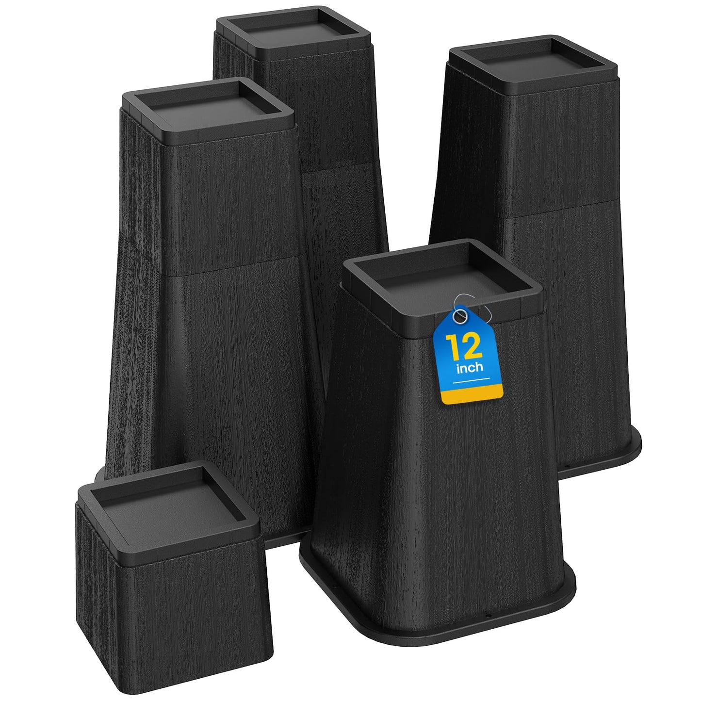 MYMULIKE Bed Risers 12 Inch Heavy Duty, Stackable Furniture Risers Lifts 4inch 8inch, 12inch for Table, Desk Leg, Sofa, Couch, Supports Up to 6,000 Lbs, Black, 4 Pack