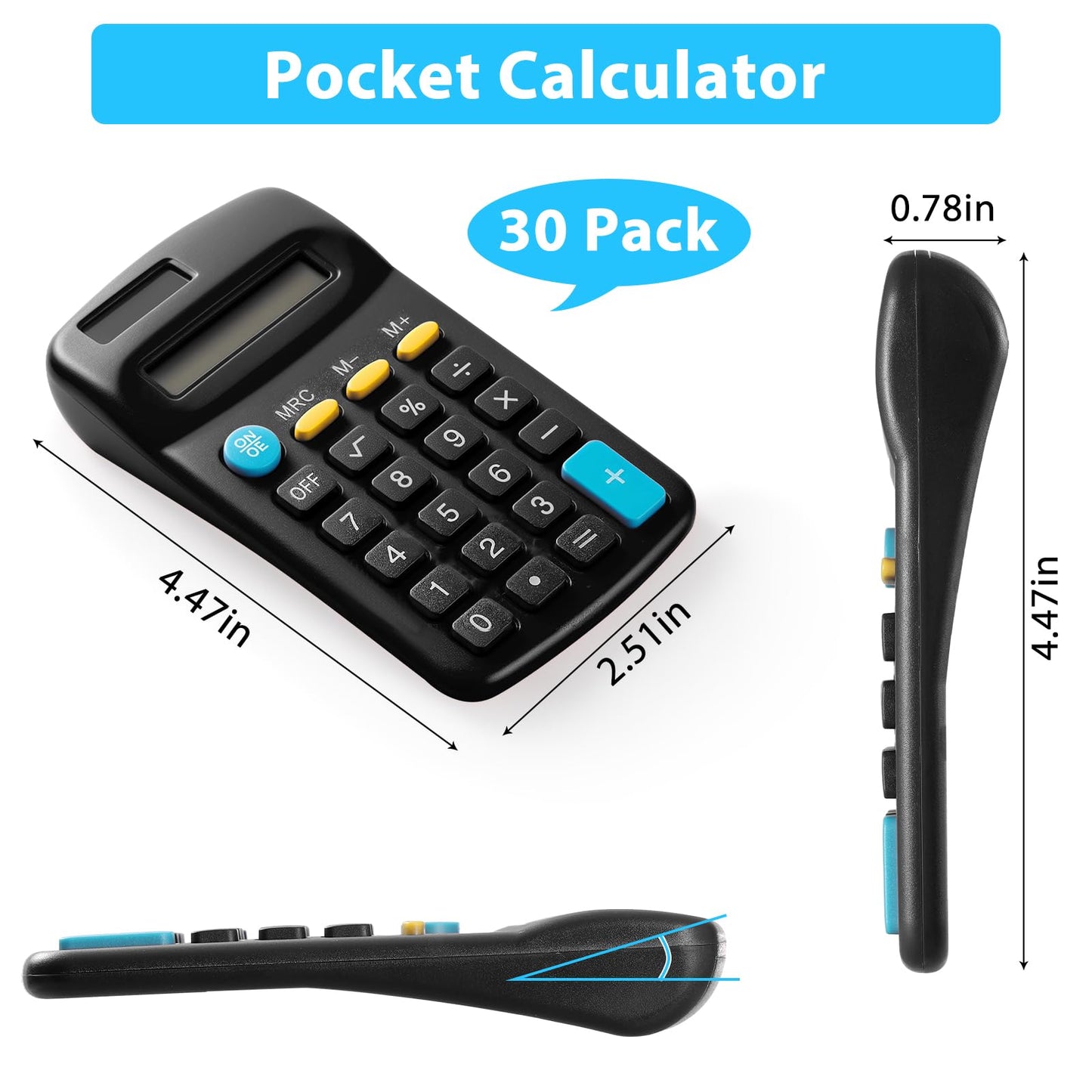 30 Pack Solar Powered Pocket Calculator for Students Classroom Supplies,Small Mini Calculator for Kids School Home Office(Black)