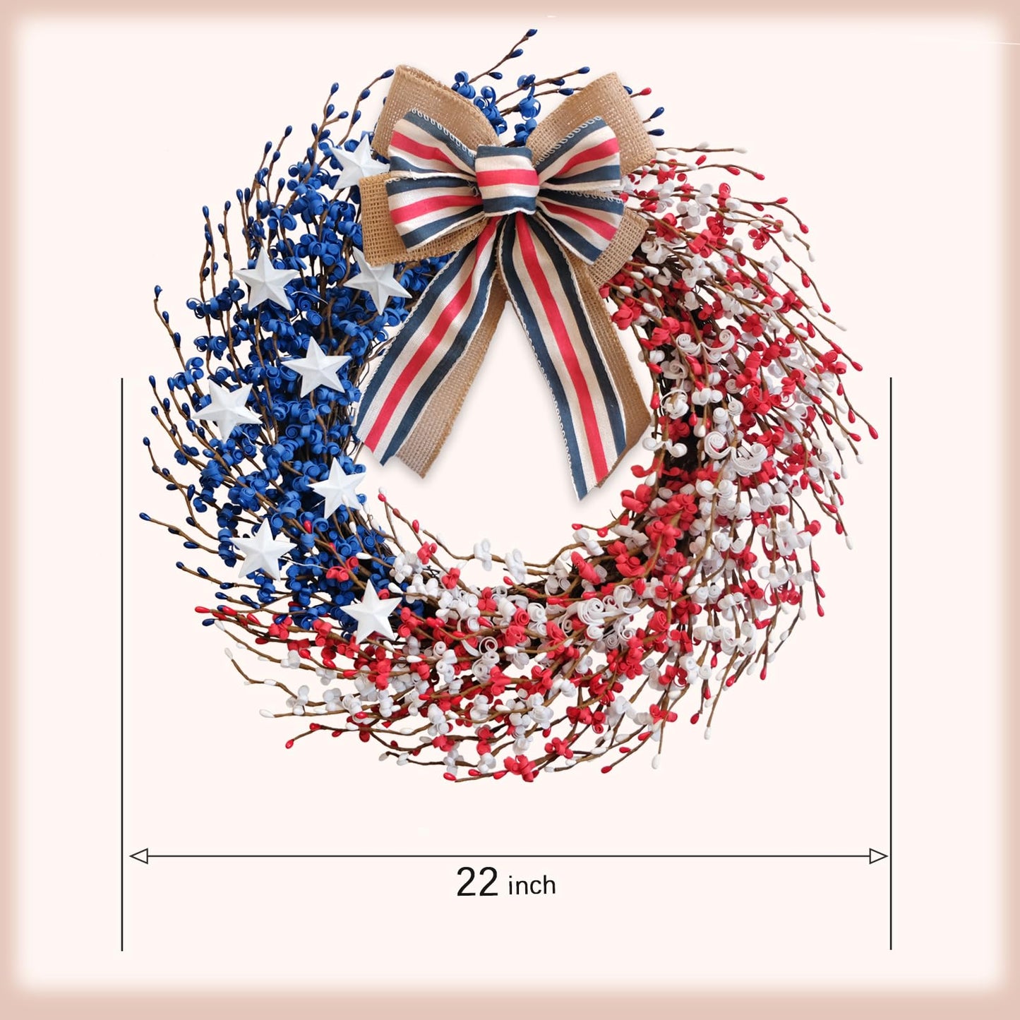 4th of July Wreath 22 inch, Patriotic Wreath for Front Door, Red White Blue American Independence Day Memorial Day Flag Day Indoor Outdoor Decor