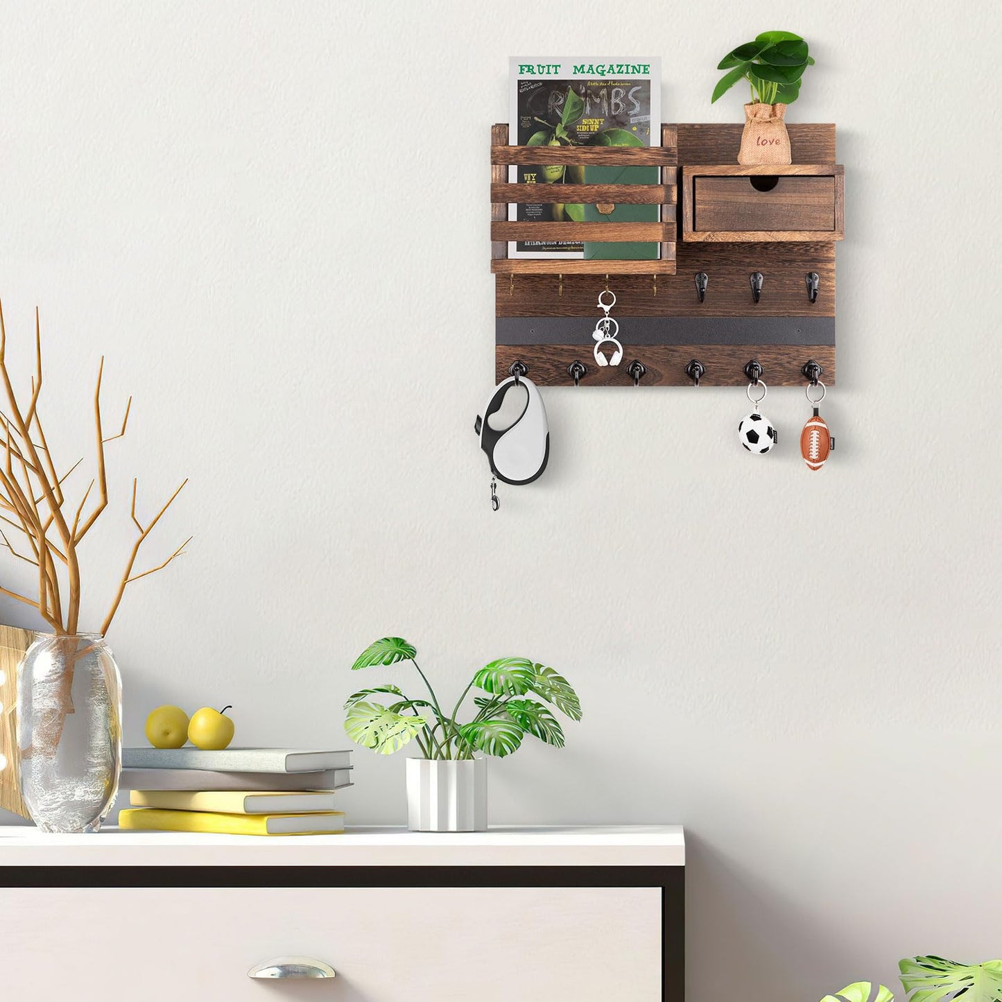 Nekon Key Holder Wall Mount, Rustic Mail and Keys Shelf for Wall Organization with 13 Hooks, Home Decor Accessory with Drawer, Brown