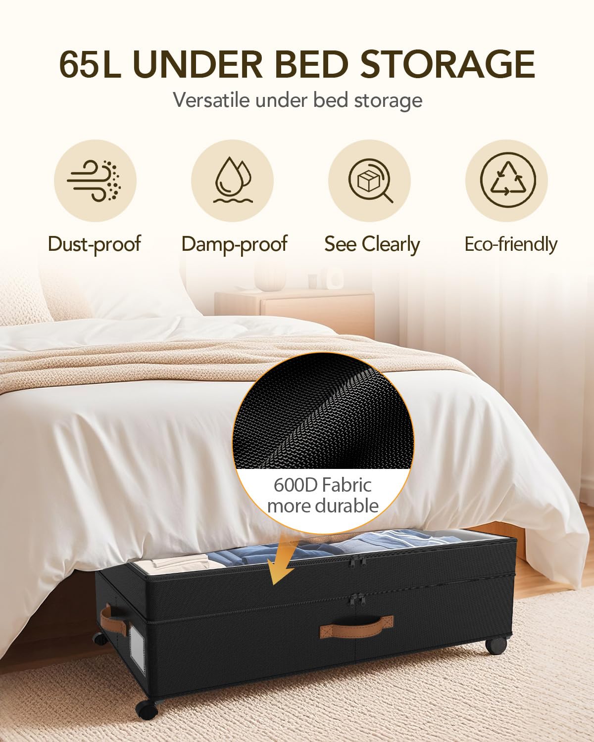 Megapuxin Under Bed Storage with Wheels, 10 inches Under Bed Storage Containers, 65L XXL Large Adjustable Underbed with Lids, Rolling Underbed Storage bins for Shoes, Clothes, Blankets, Black